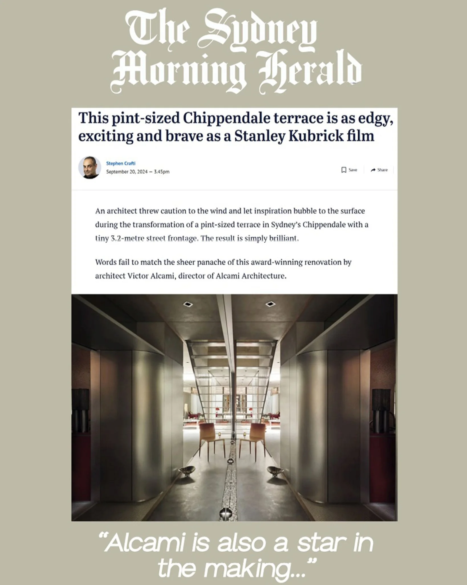 Sydney Morning Herald article screenshot featuring Terrace House Mirage interior and design commentary.