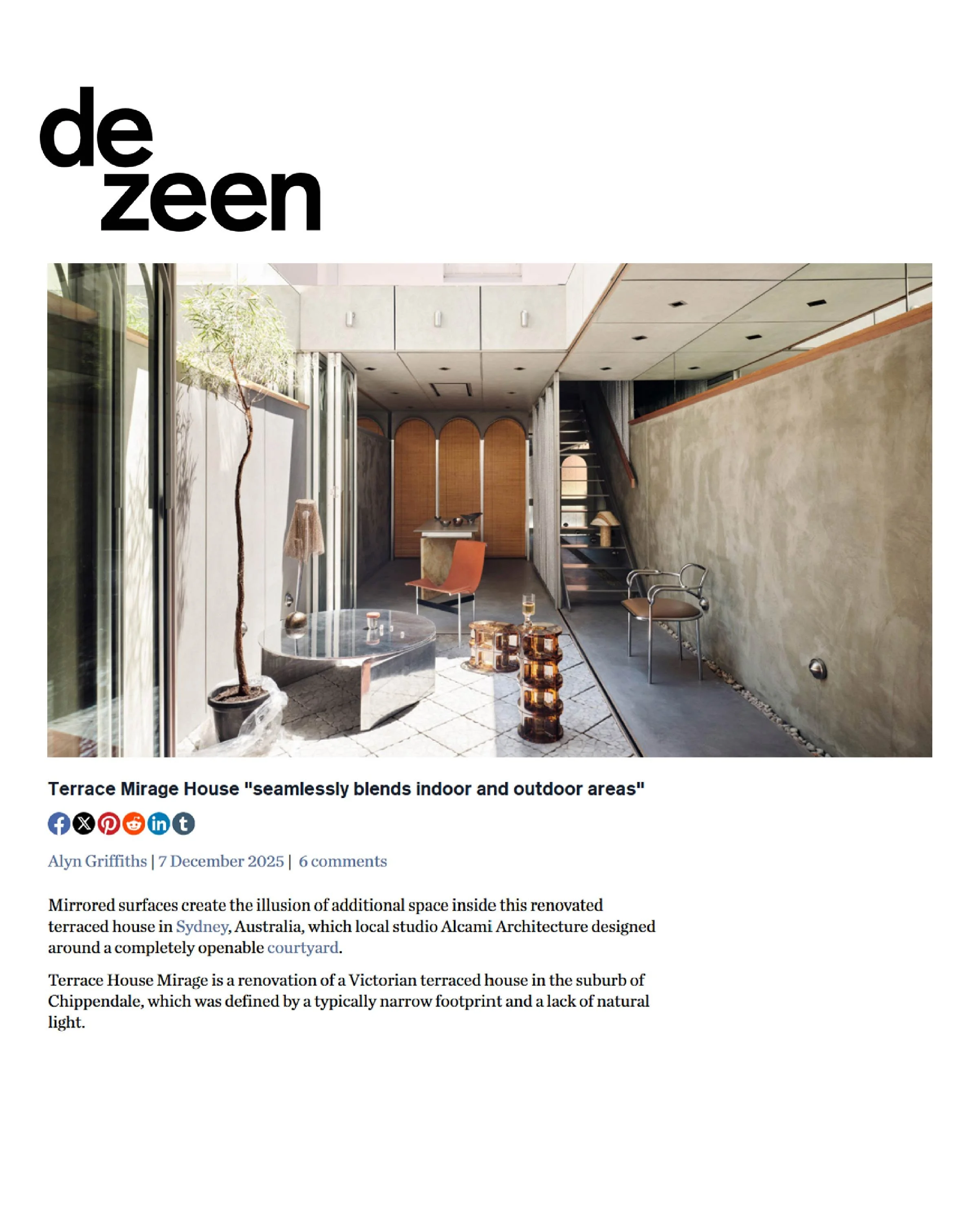 Dezeen article screenshot featuring Terrace House Mirage kitchen and interior renovation story.