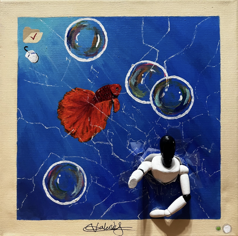 This piece was inspired by old 2000’s technology compared to what we have now. With the message of modern technology being used as a destructive tool to our minds, while the modern AI robot breaks through the screen to captivate you into using and al