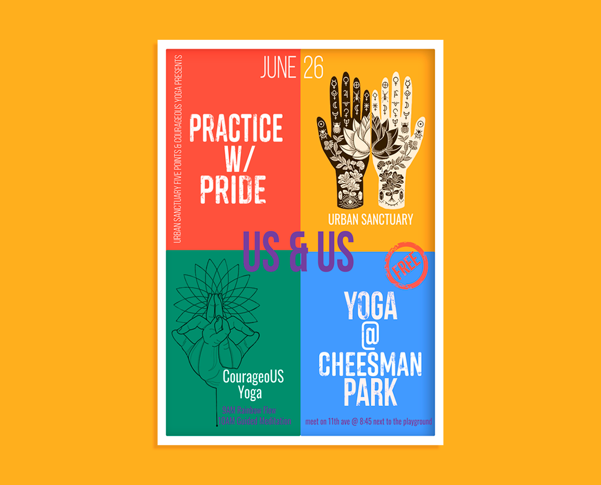 CourageoUS and Urban Sanctuary are both inclusive studios that welcome minorities and LGBTQAI students within their studios.The concept behind the poster design was to incorporate LGBTQAI color schemes within the studio logos along with bold text, meant to be on display for print online and in person.