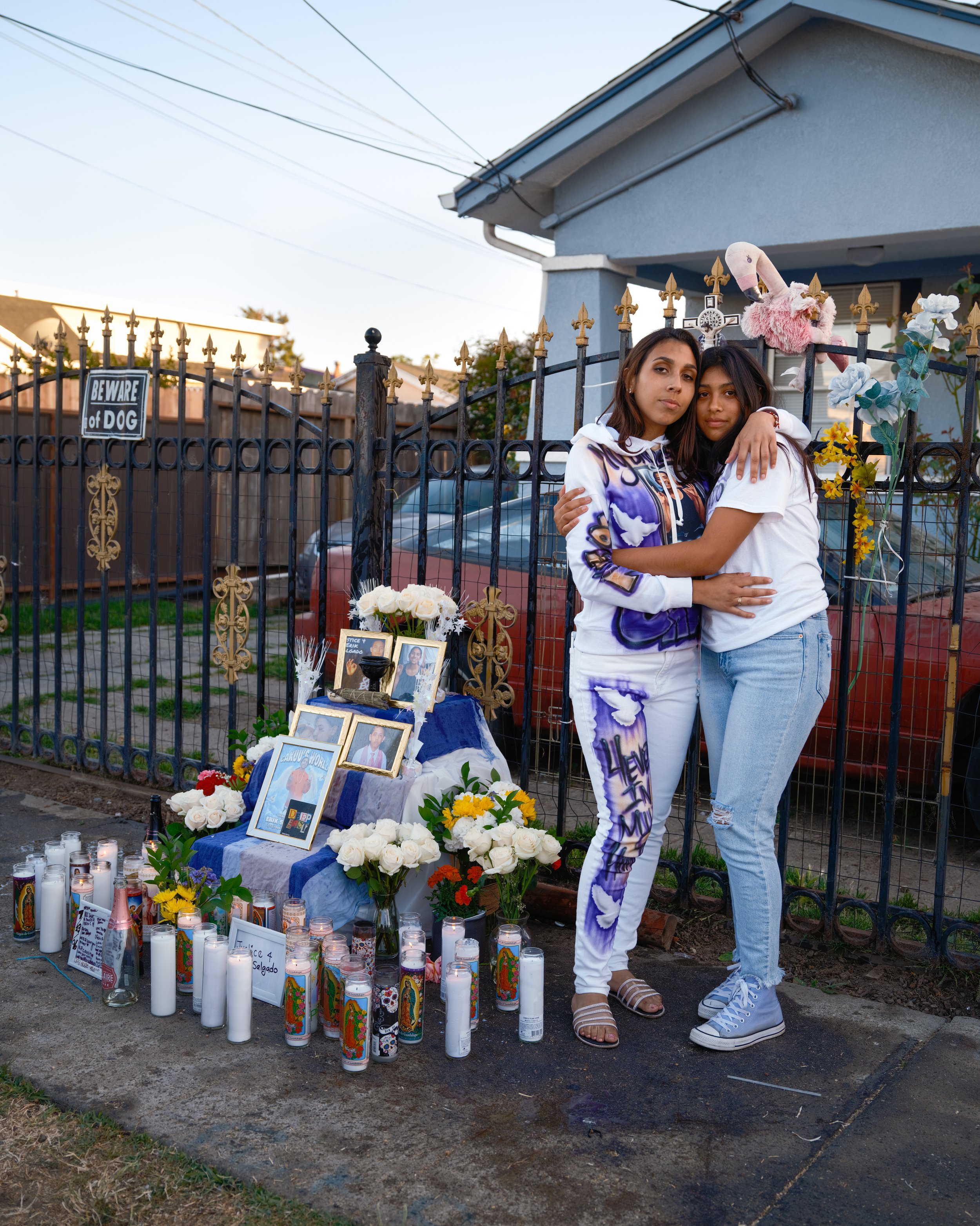  Erik Salgado’s sisters, Amanda and Vanessa, on June 6, 2021, a year after the anniversary of his murder. 