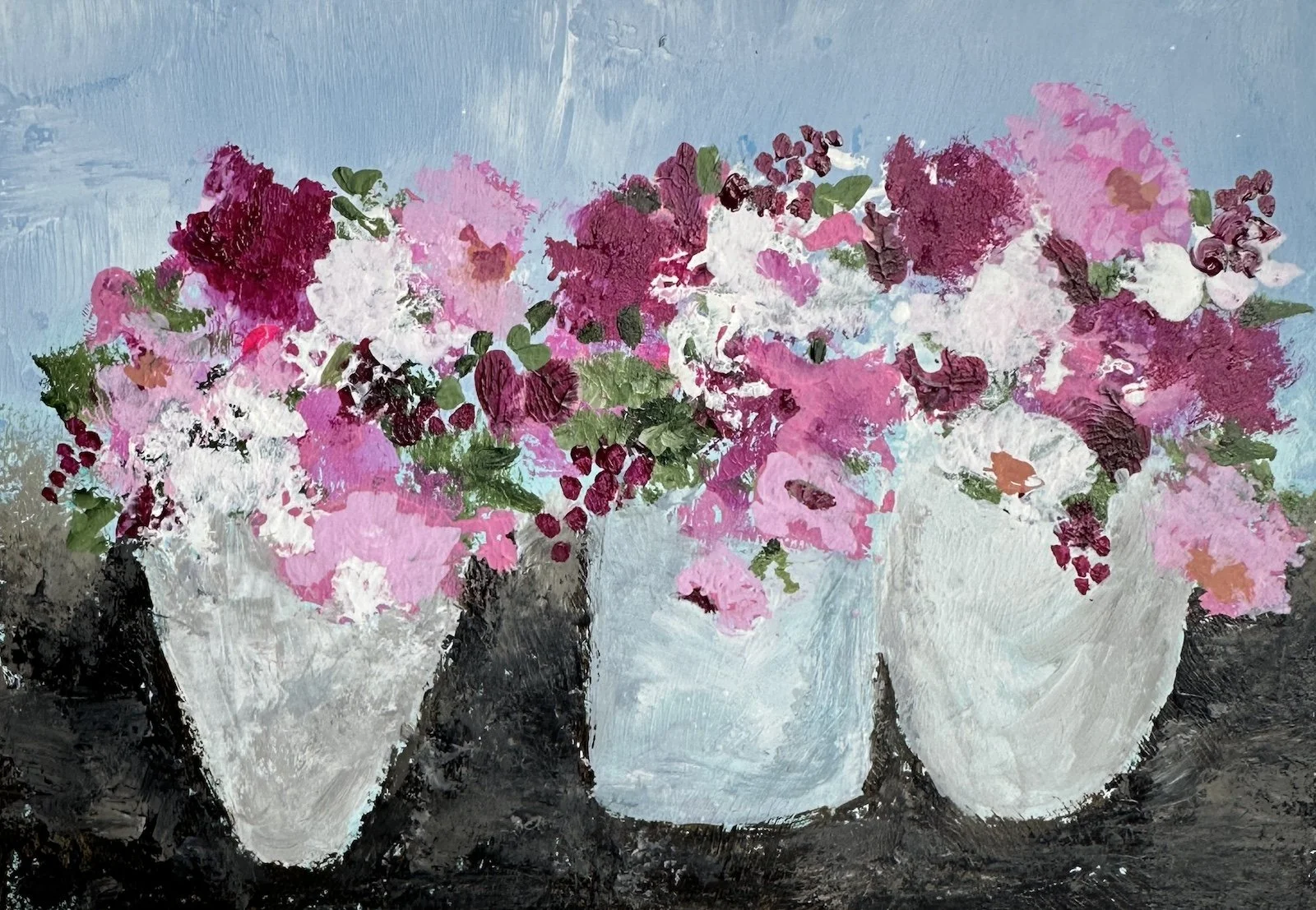 Floral art depicting pink, magenta, and white flowers in stone pots.