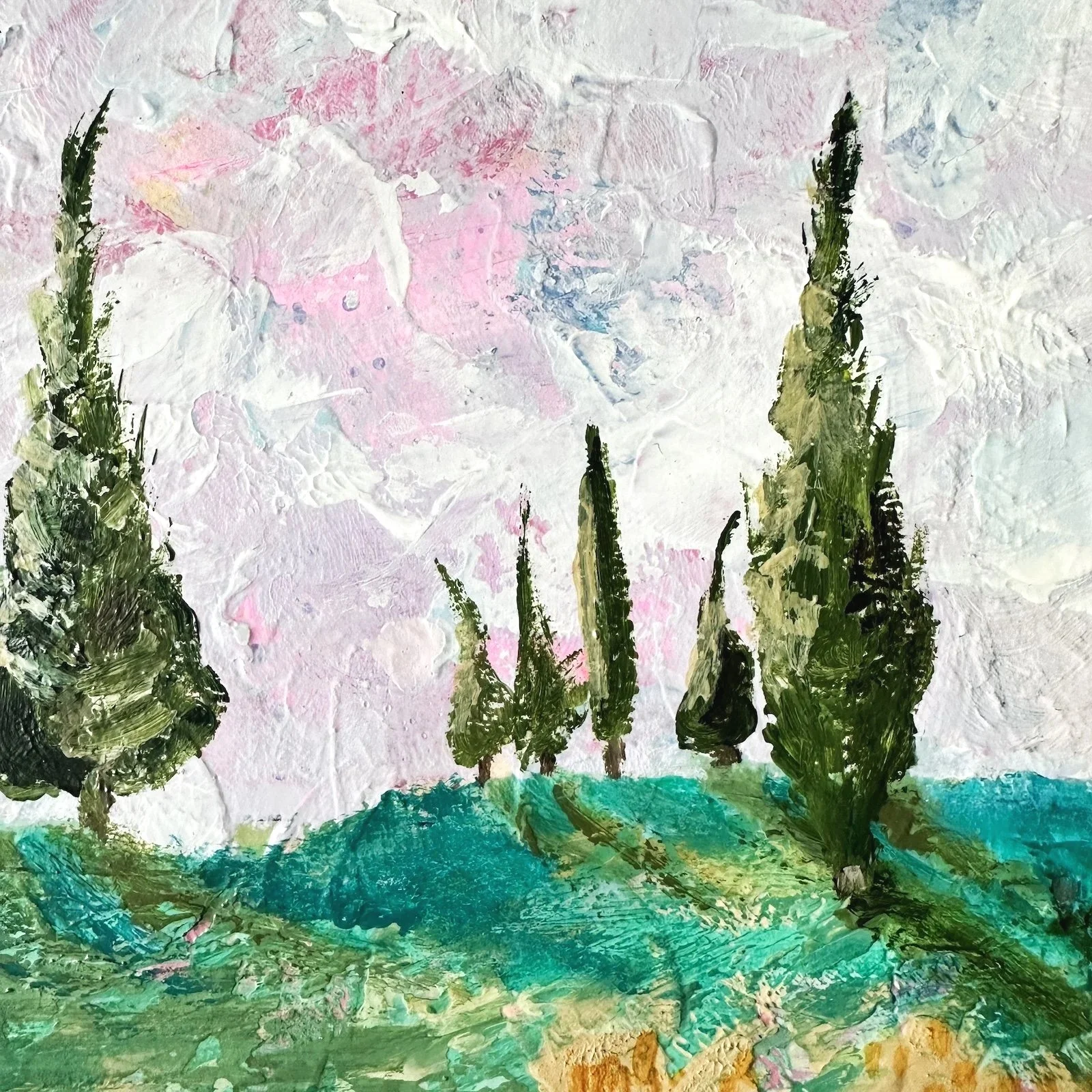 Close-up detail of textured acrylic palette knife work in "Dancing Spires of Tuscany," capturing the textured strokes of the cypress trees and pink sky.