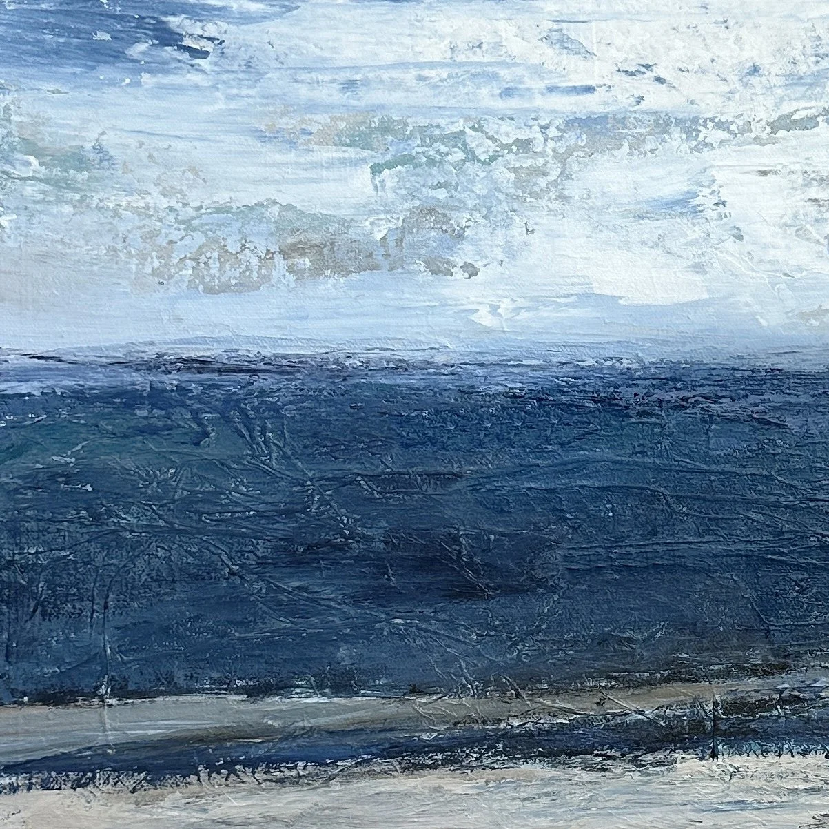 "Hilton Head Tide Pools" abstract coastal painting, textured details of the mixed media canvas artwork.