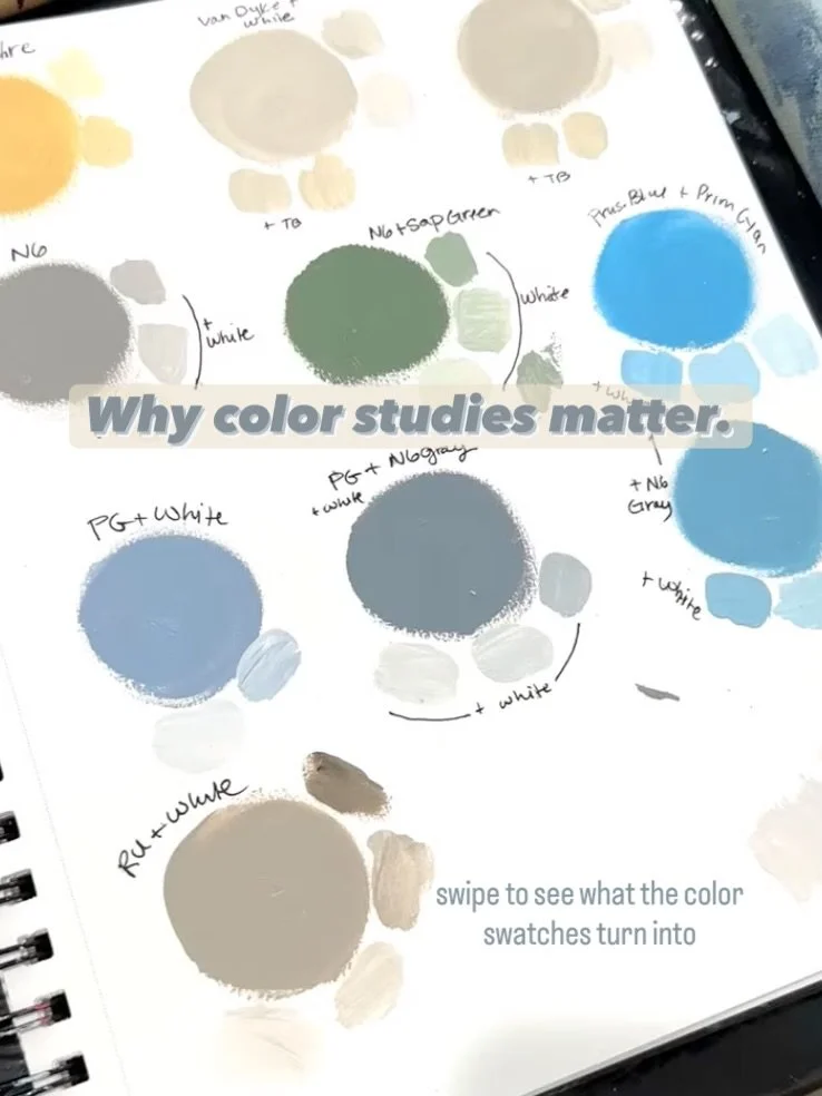 Many of my larger paintings begin as simple color swatches and small studies.
This process is how I work through what I&rsquo;d like to explore on a bigger canvas&mdash;testing color relationships, mood, and values before committing to scale.

These 