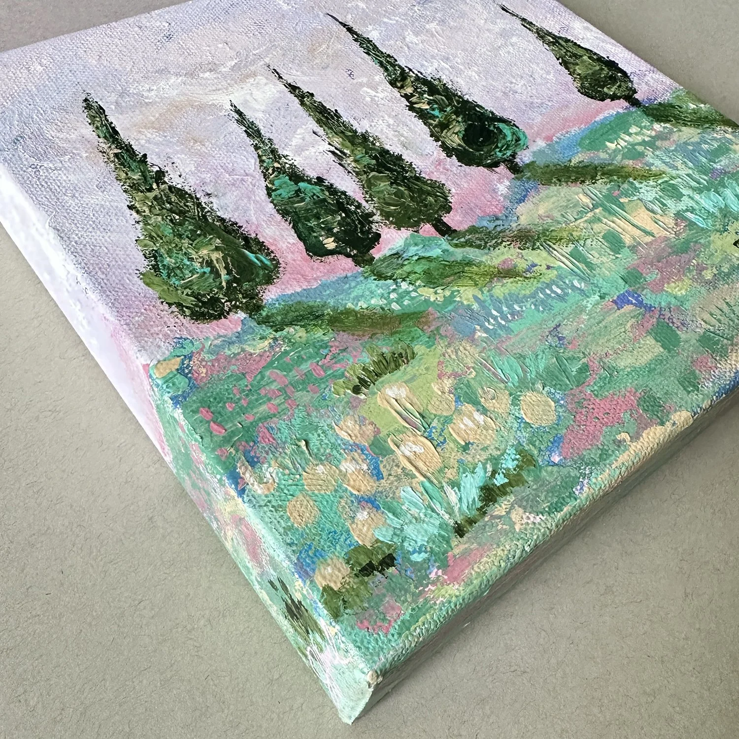 Corner detail of gallery-wrapped canvas Italian landscape painting.