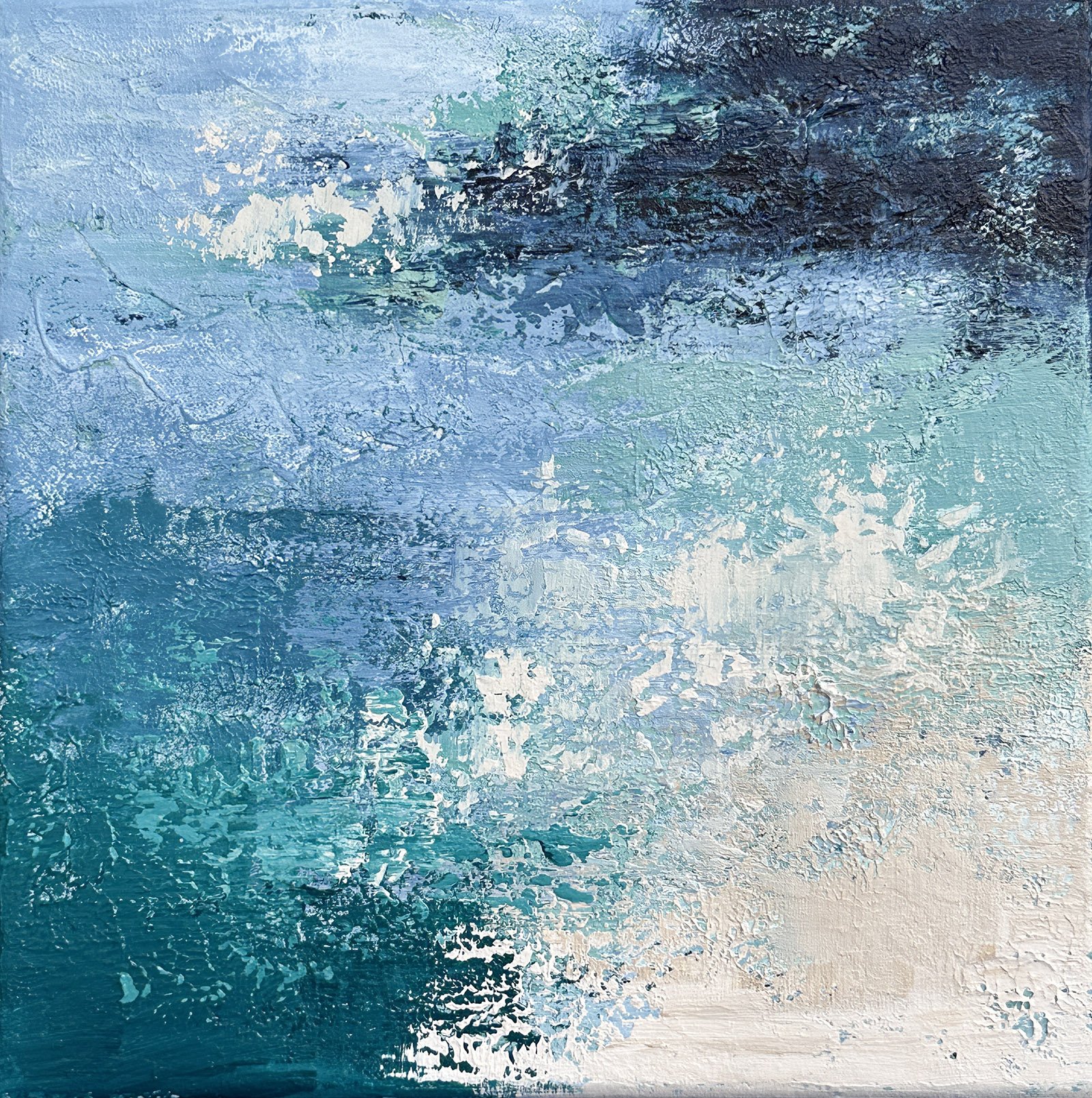 Small original abstract water painting inspired by the movement of water as it meets the sand and rocks along the shore.