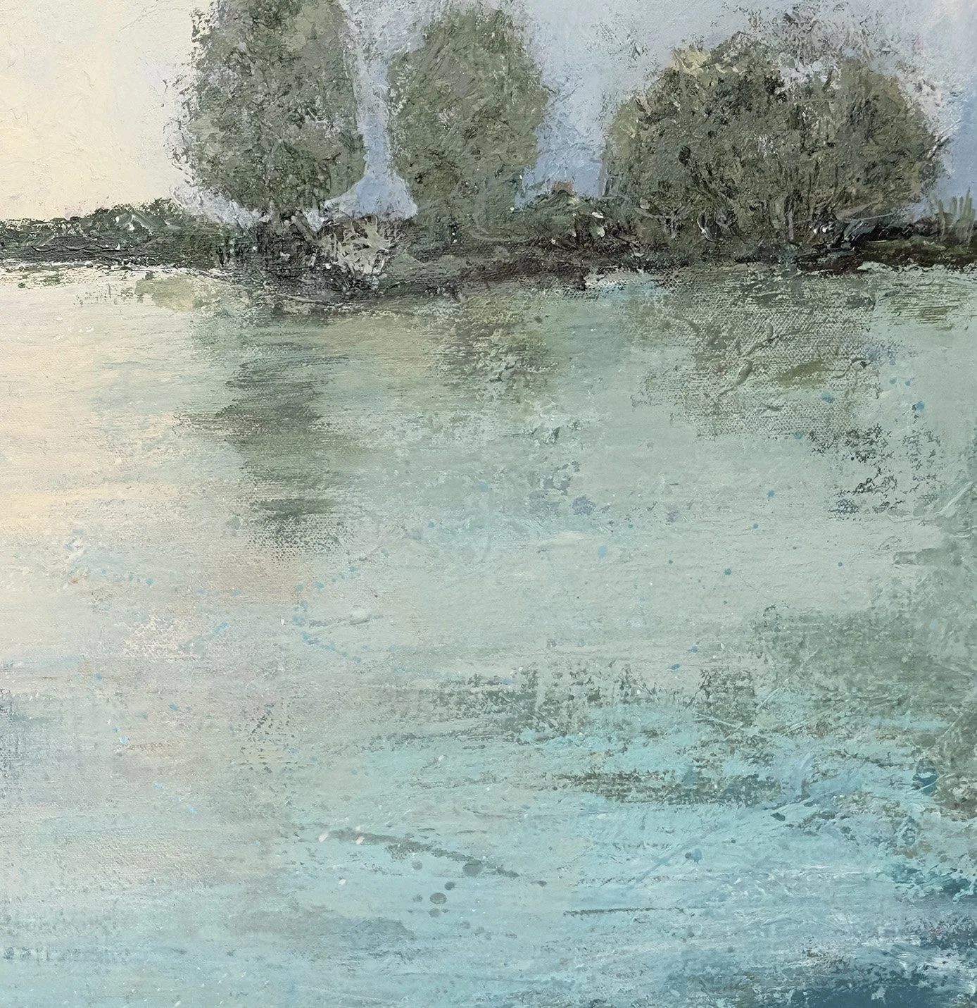 Close-up detail of textured greens in a water landscape painting.