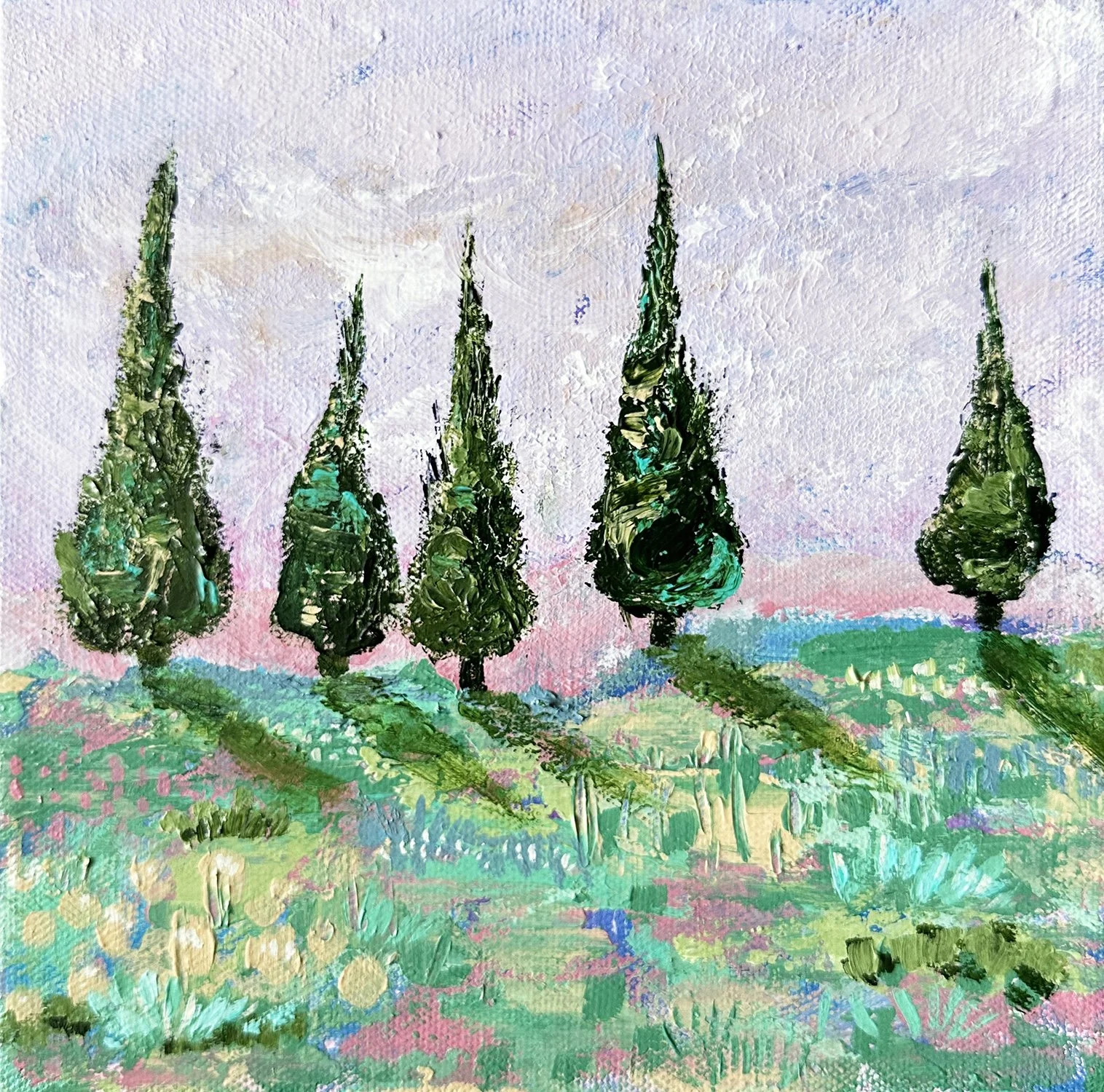 Impressionistic acrylic painting of a Tuscan landscape on an 8x8 canvas, featuring playful, bright colors and cypress trees.