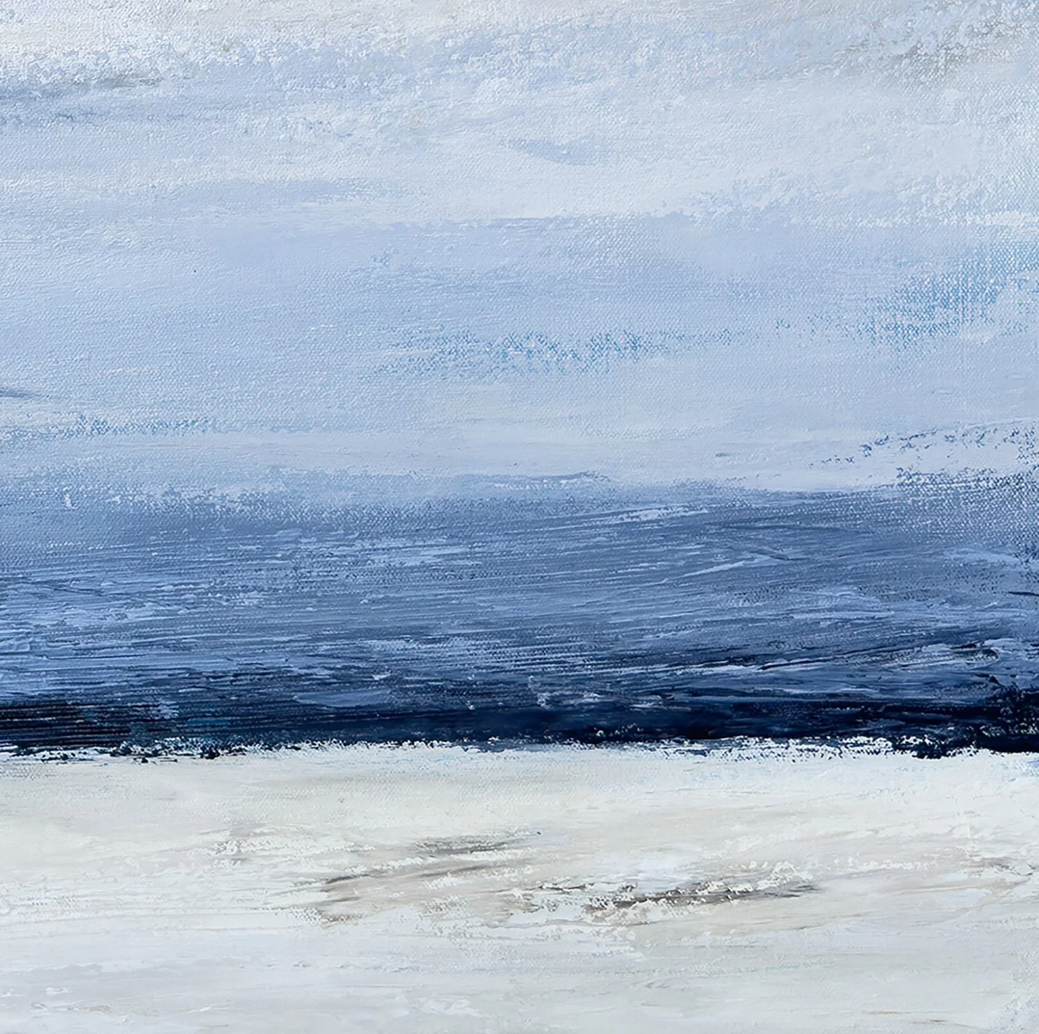 Close-up detail of blue and gray acrylic in an ocean-inspired landscape painting.
