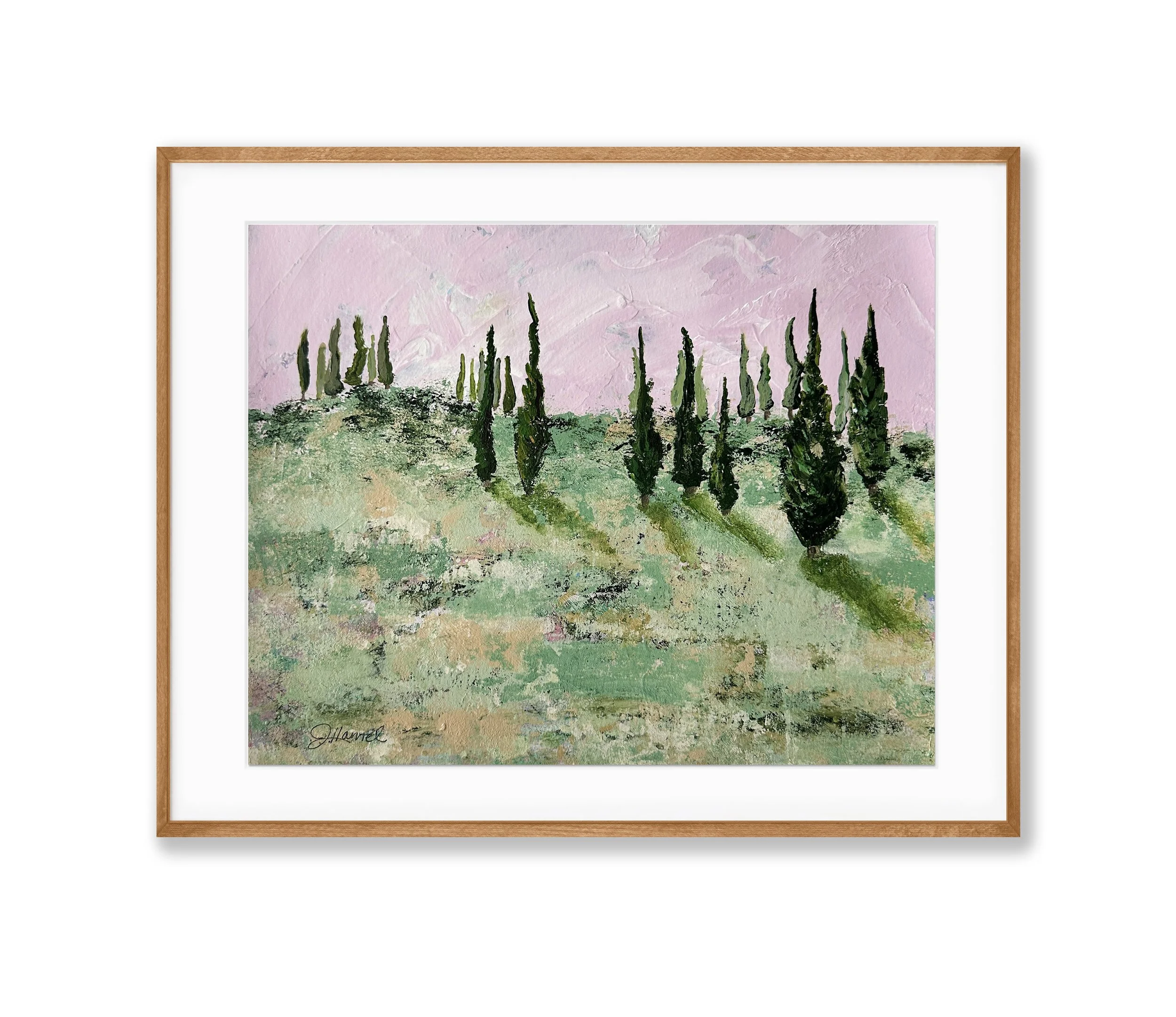 "Dolce Cypress Dreams" is an abstract Tuscan landscape painting displayed in a frame, showing scale and presentation.