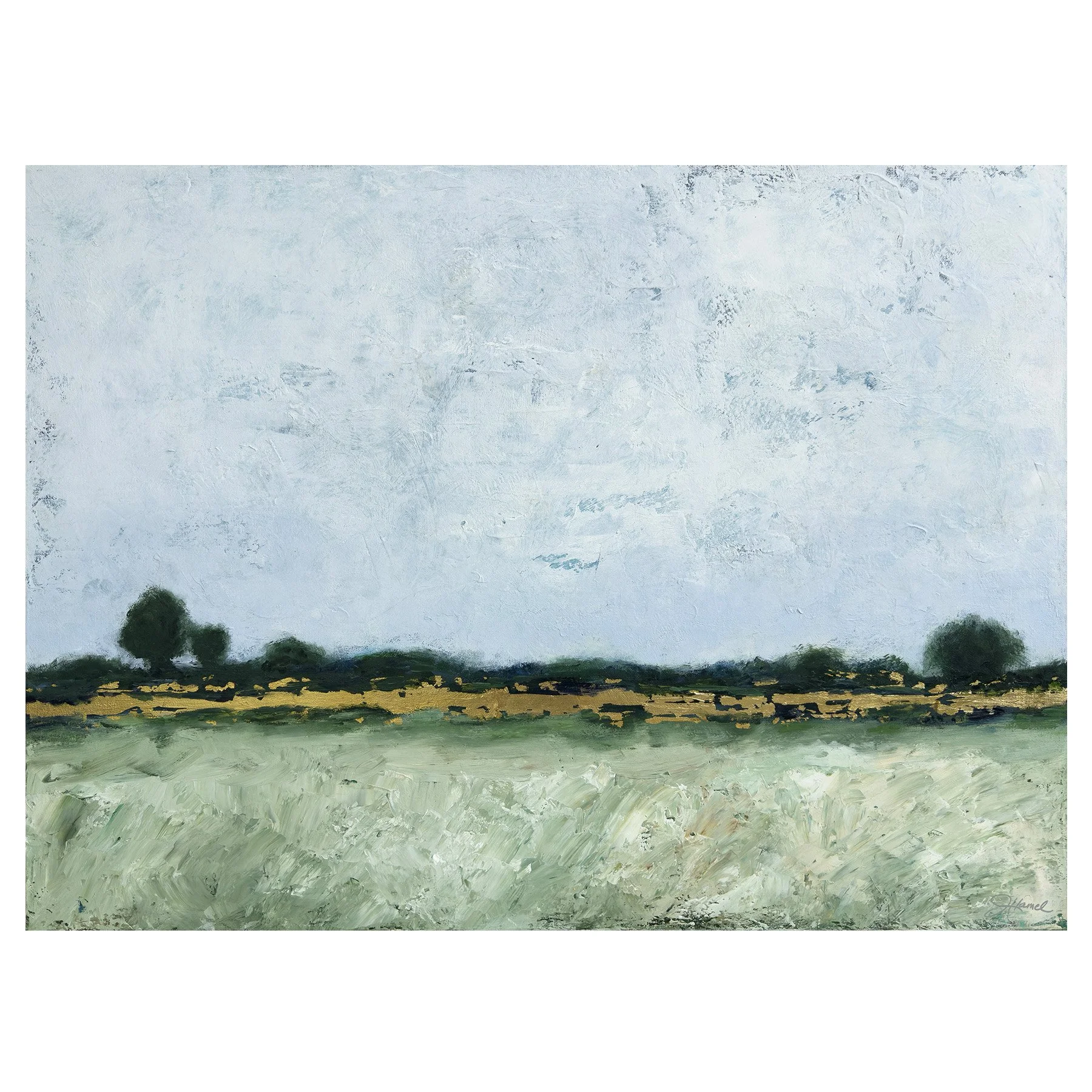 Abstract meadow landscape painting with layered greens, metallic gold accents, and a dark tree line beneath a soft blue sky.