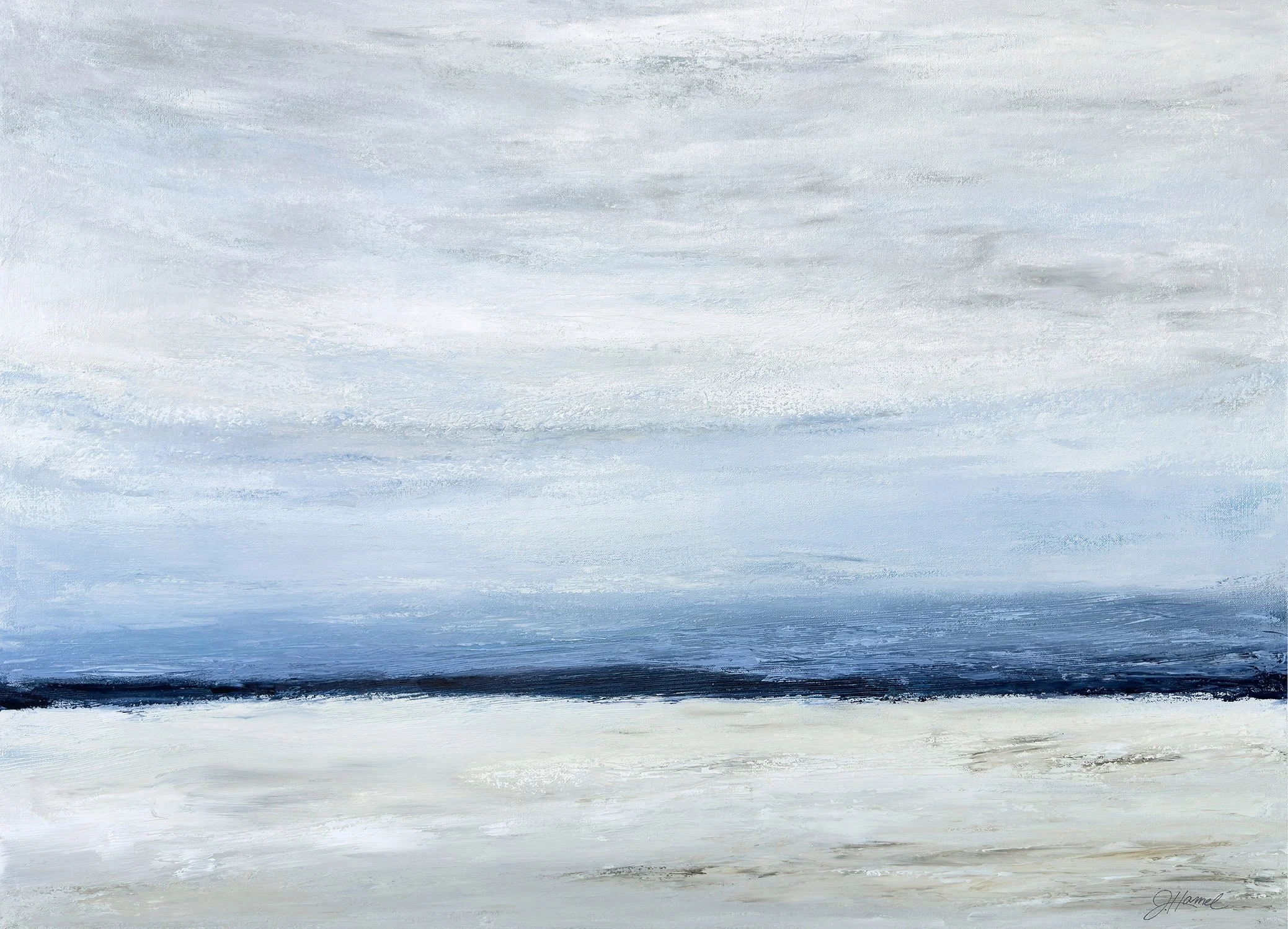 Abstract ocean landscape painting with layered dark blue waters and soft blue and gray tones in acrylic.