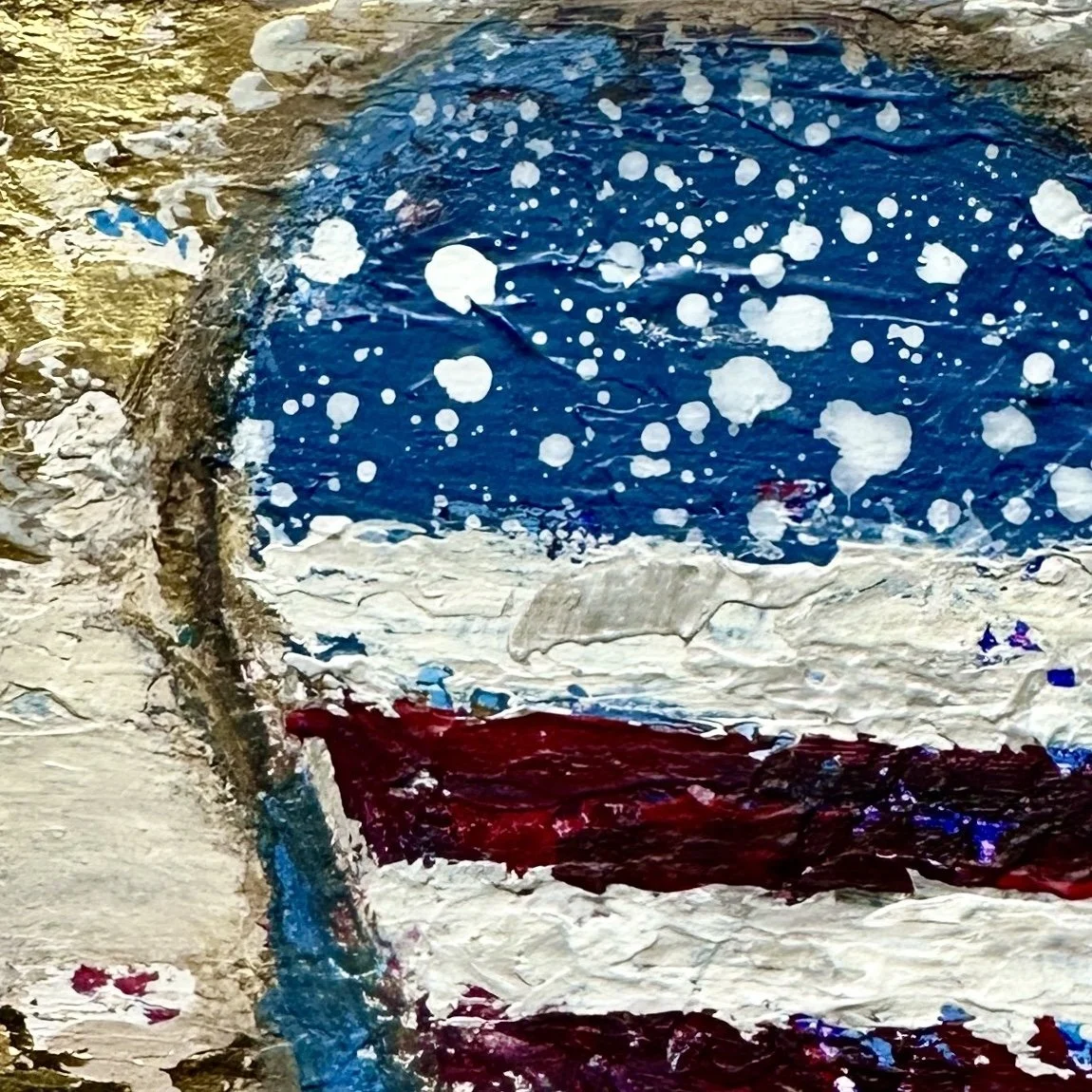 Details of 4x6 original American flag heart ornament with textured red, white, and blue acrylic paint