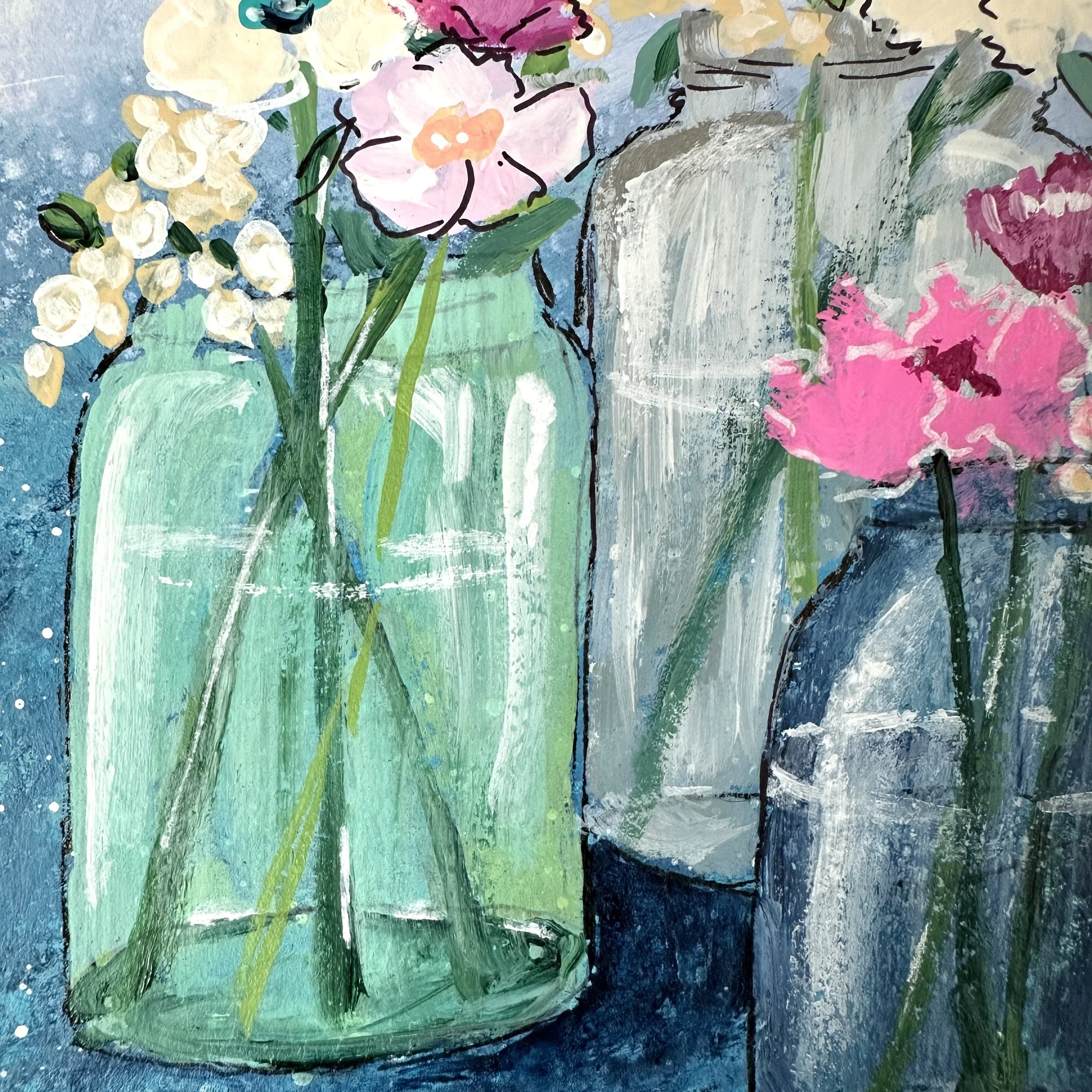 Close-up shot of the jars in a floral painting of fresh picked flowers in jars.
