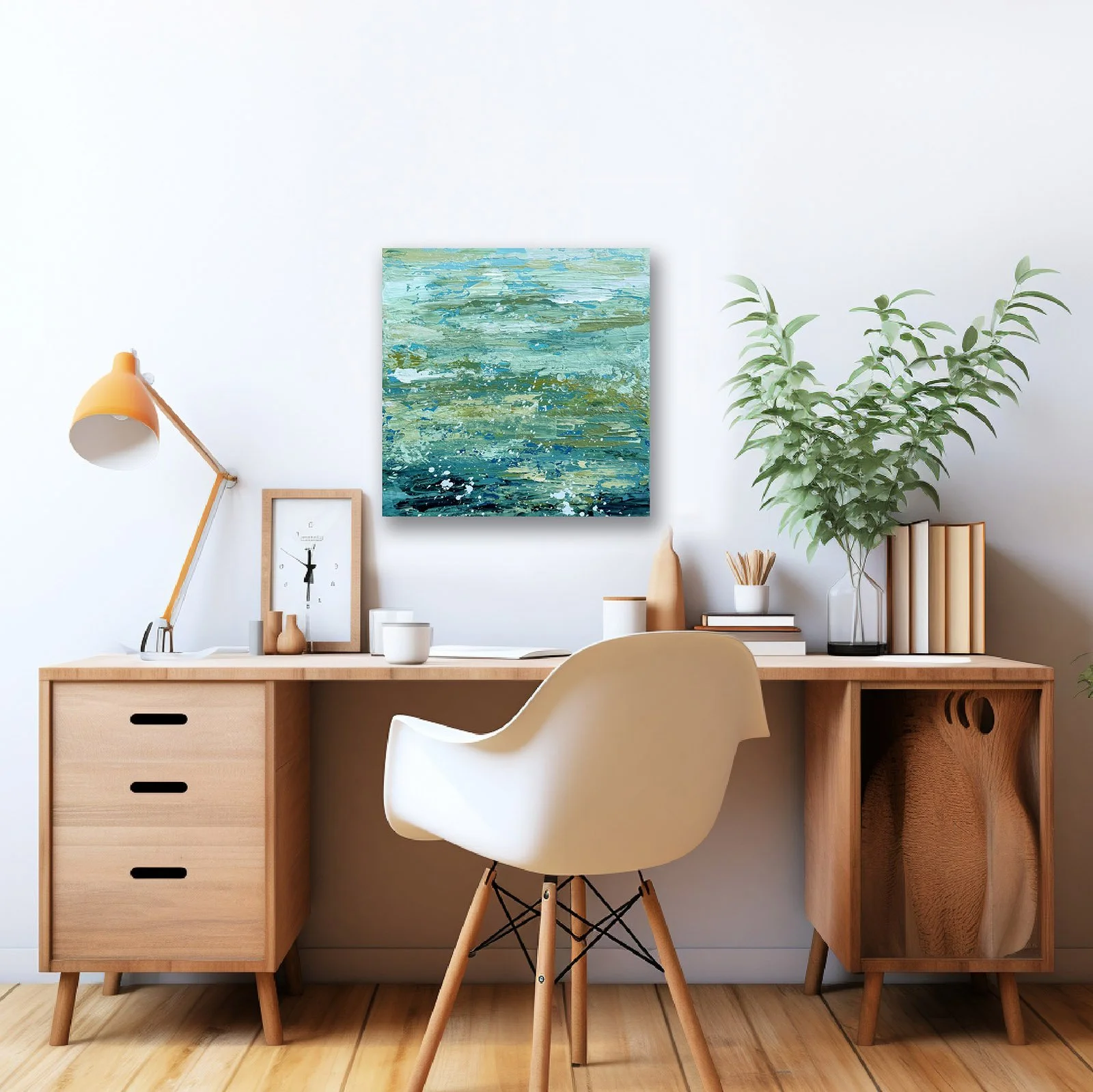 Small original abstract lake painting displayed above a modern desk.