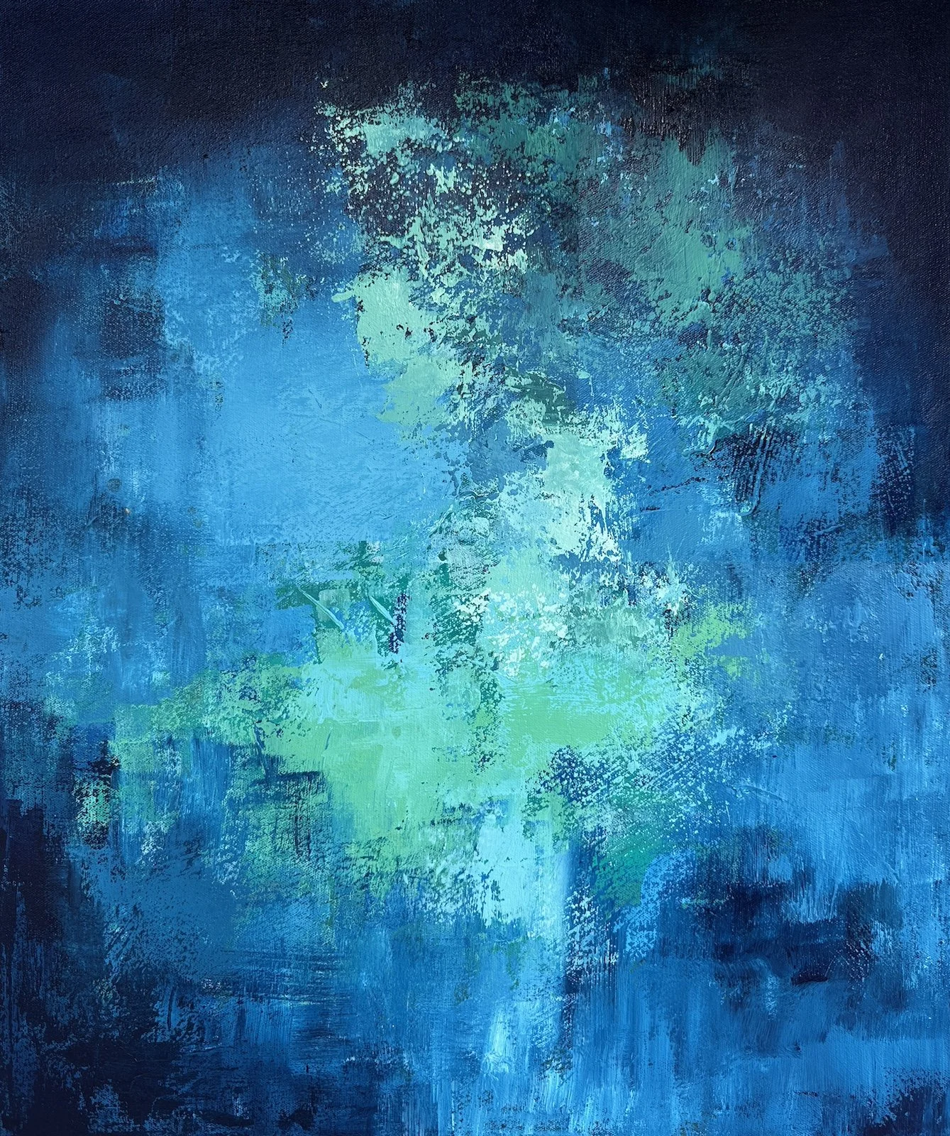 Abstract ocean painting with layered deep blue textured waters and luminous green.