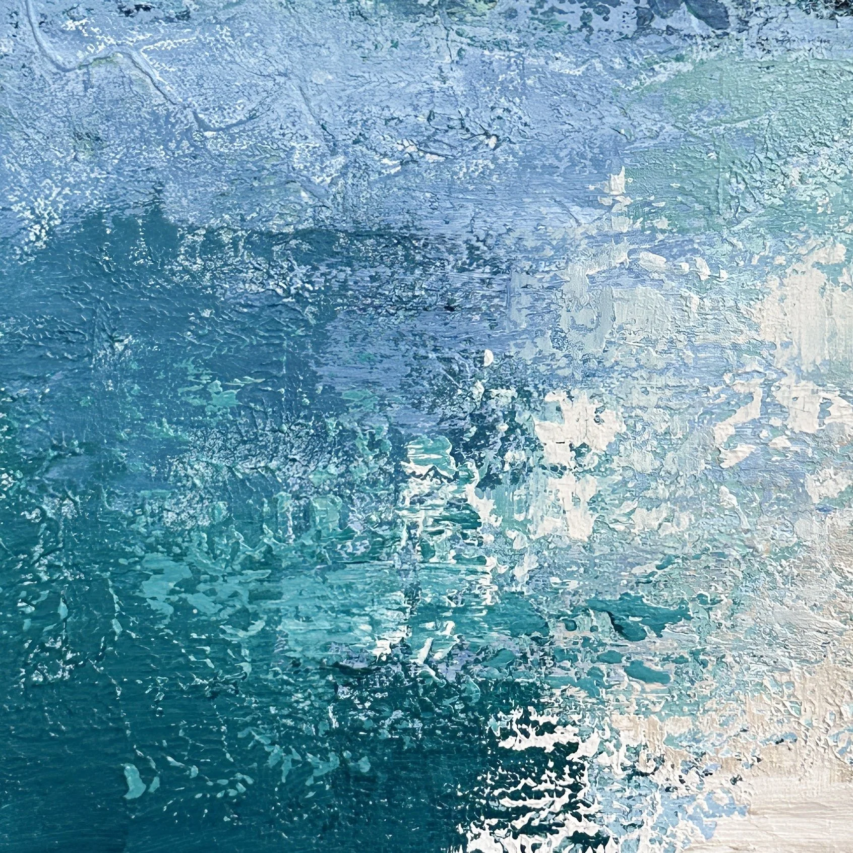 Close-up detail of the texture in a waterscape abstract painting.