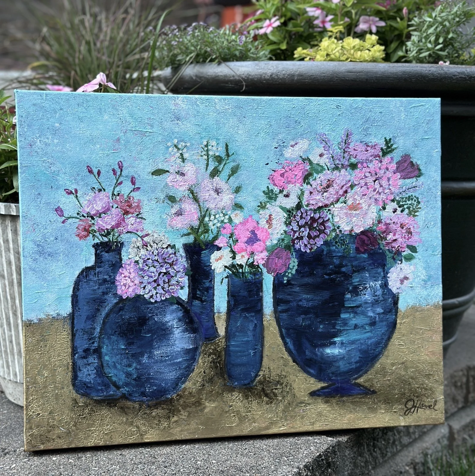 Original floral painting featuring elegant blooms arranged in blue pots with pink acrylic brushwork.