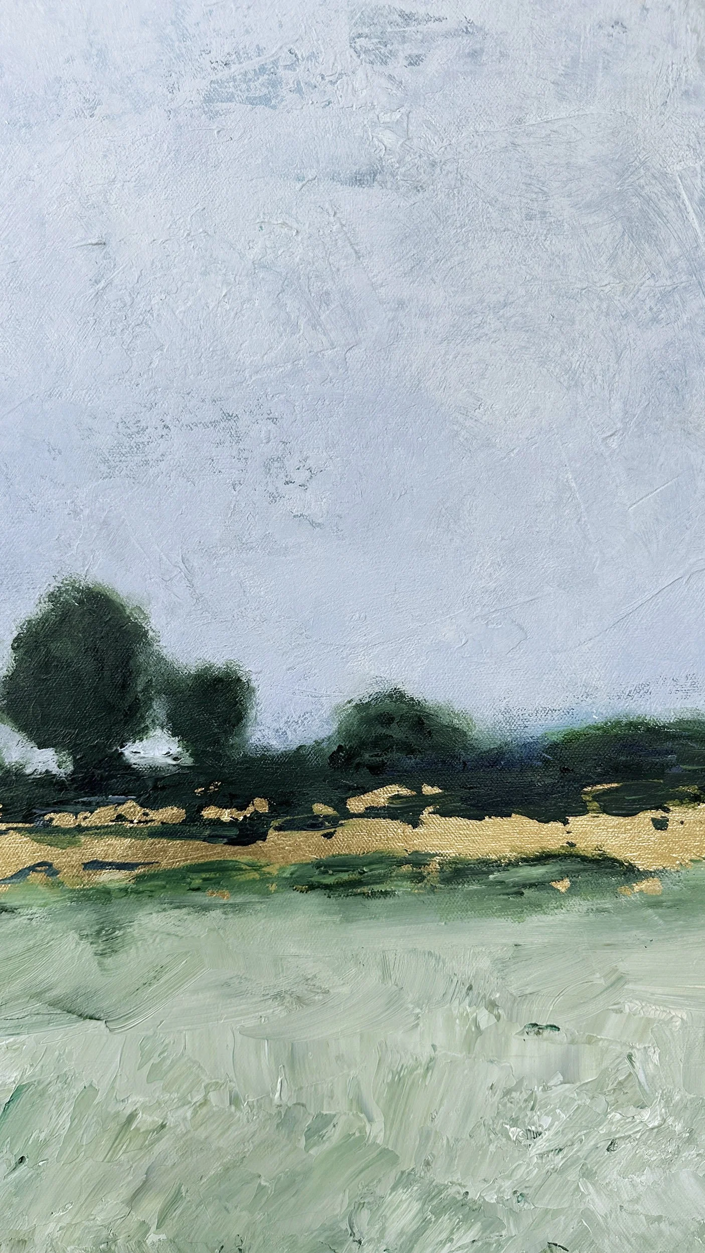Close-up detail of metallic details in a meadow landscape painting.