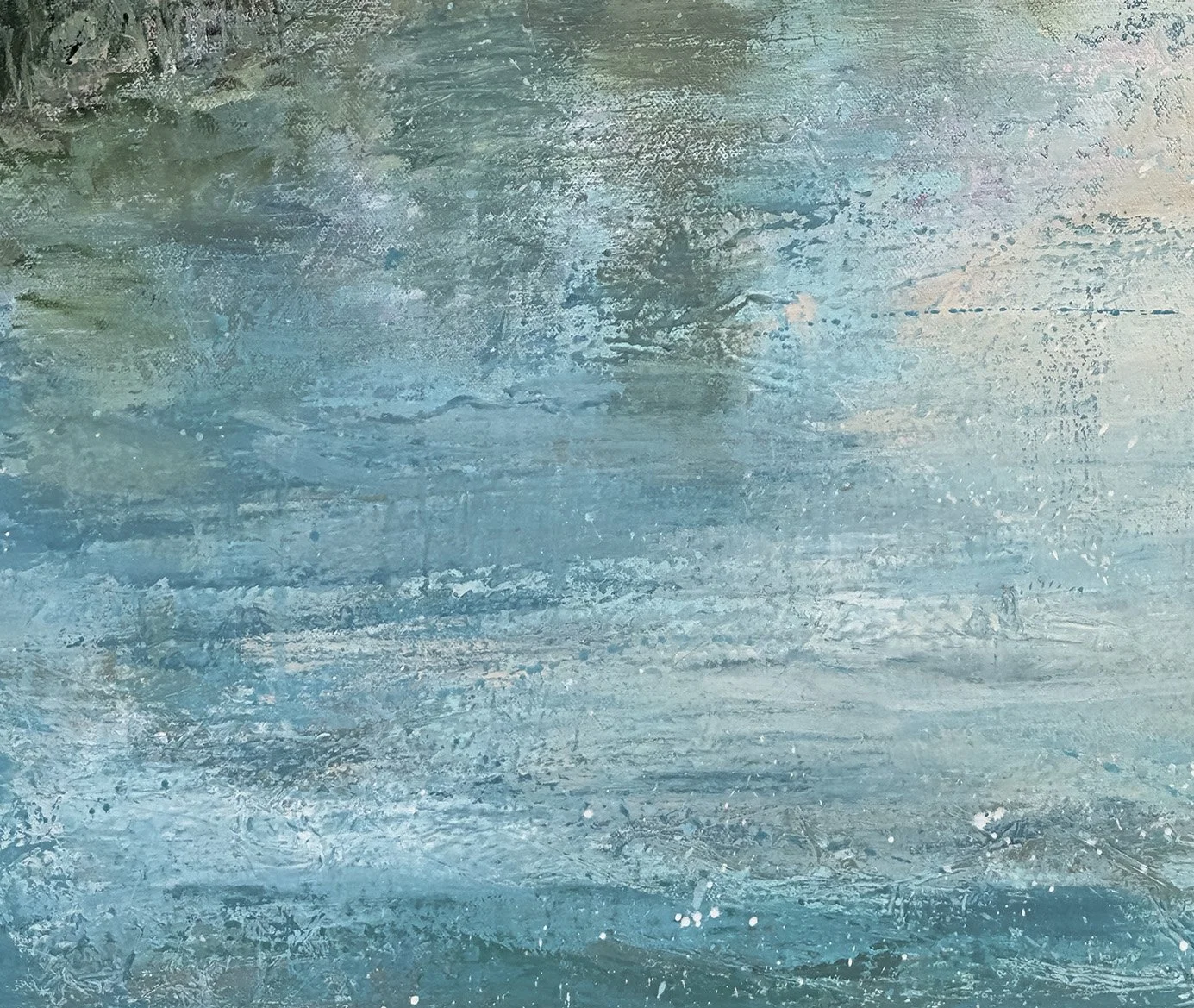 Close-up detail of textures in a landscape painting with water.
