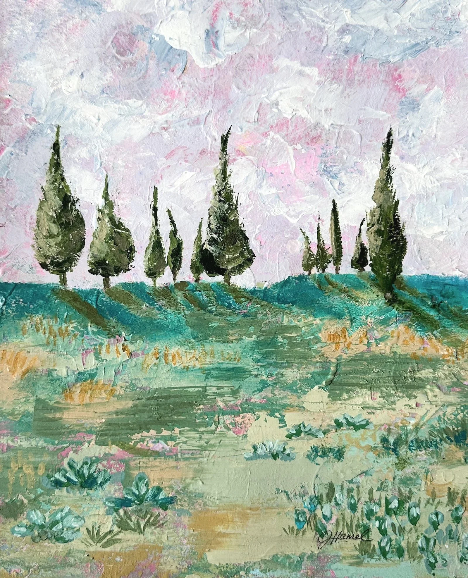 Acrylic painting on paper titled "Dancing Spires of Tuscany," featuring an abstract patchwork meadow in bright, playful colors. A grouping of cypress trees appears against a textured blush-pink sky.