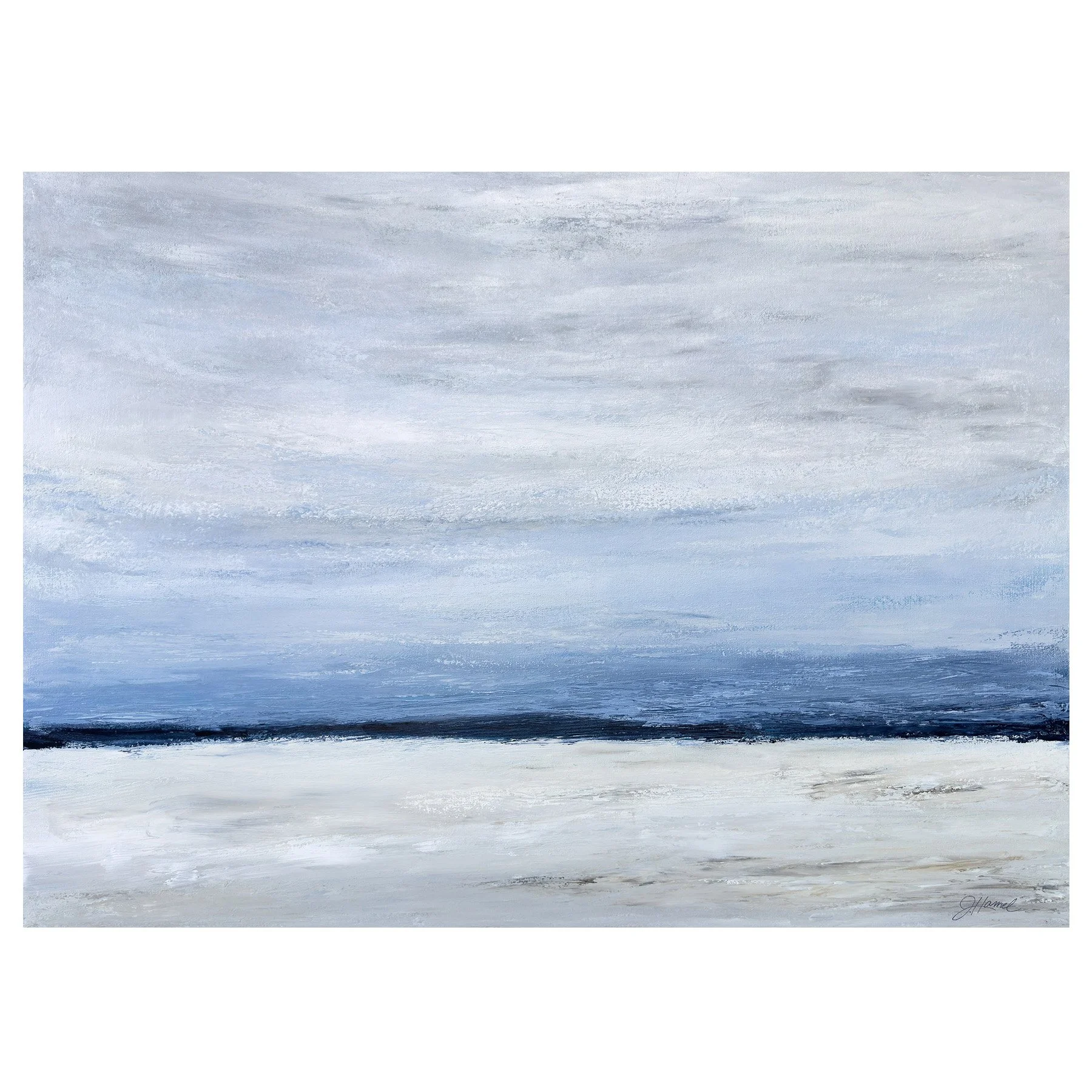 Abstract ocean landscape painting with layered dark blue waters and soft blue and gray tones in acrylic.