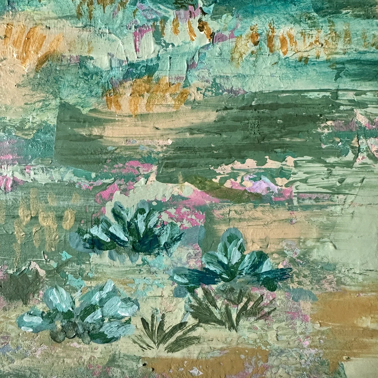 Close-up detail of abstract Tuscan countryside in a landscape painting.