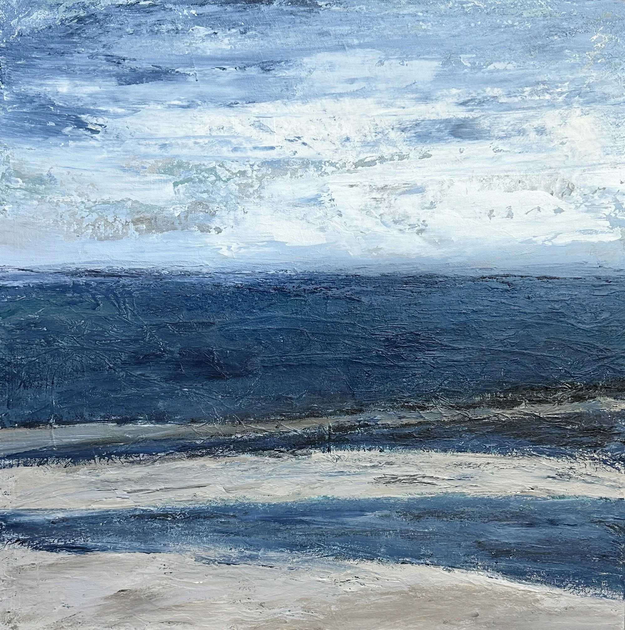 Abstract seascape painting on canvas titled "Hilton Head Tide Pools," featuring sandy neutral tones and deep blues in layered heavy acrylics and mixed media papers evoking low tide reflections.