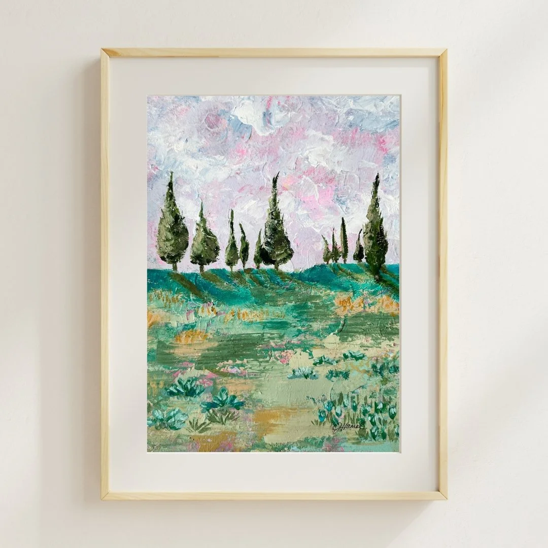 Colorful Tuscany style painting mocked-up in a frame on wall.