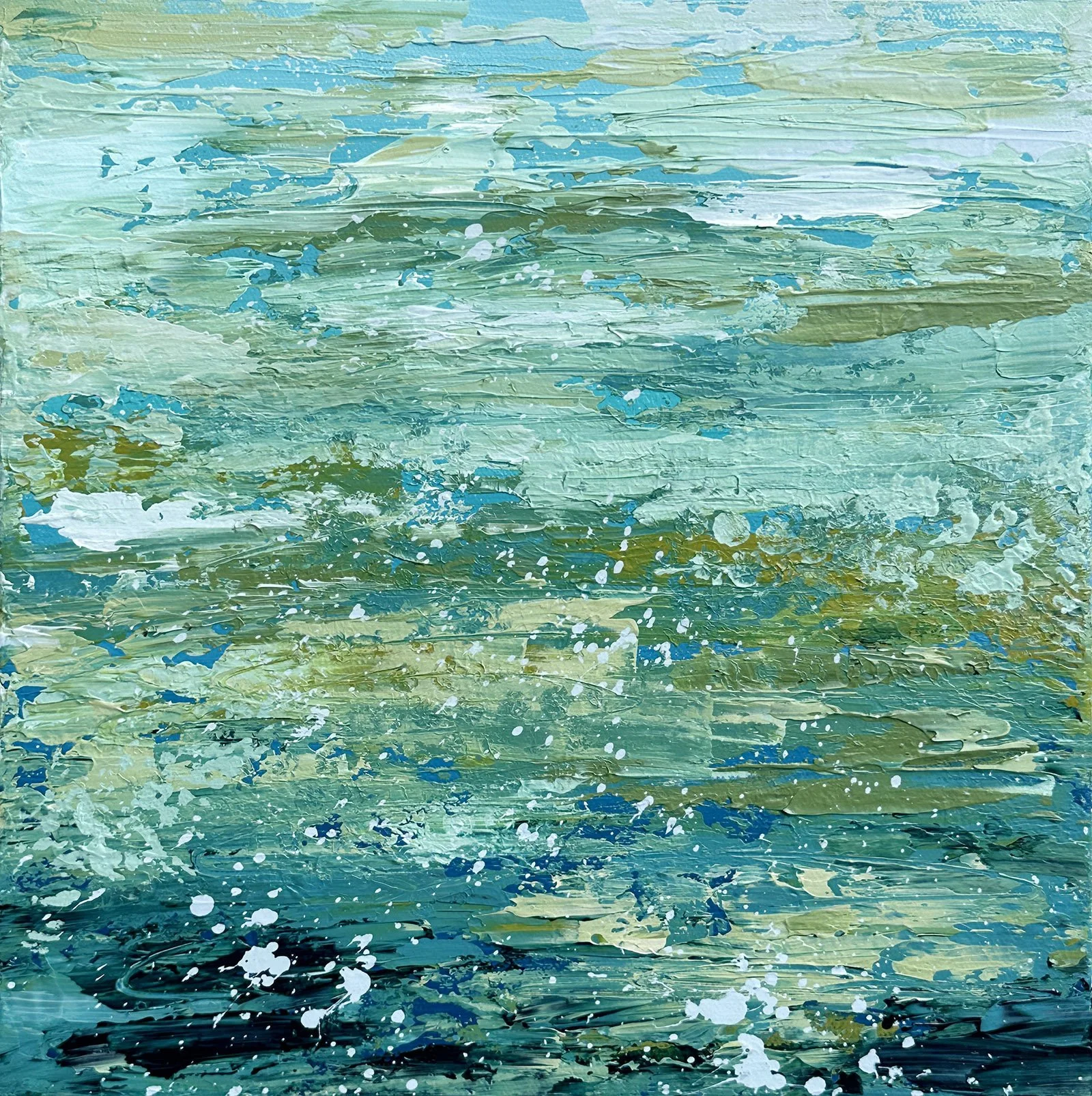 Small original abstract water painting in shades of green, turquoise, and cream, created with expressive palette knife texture.