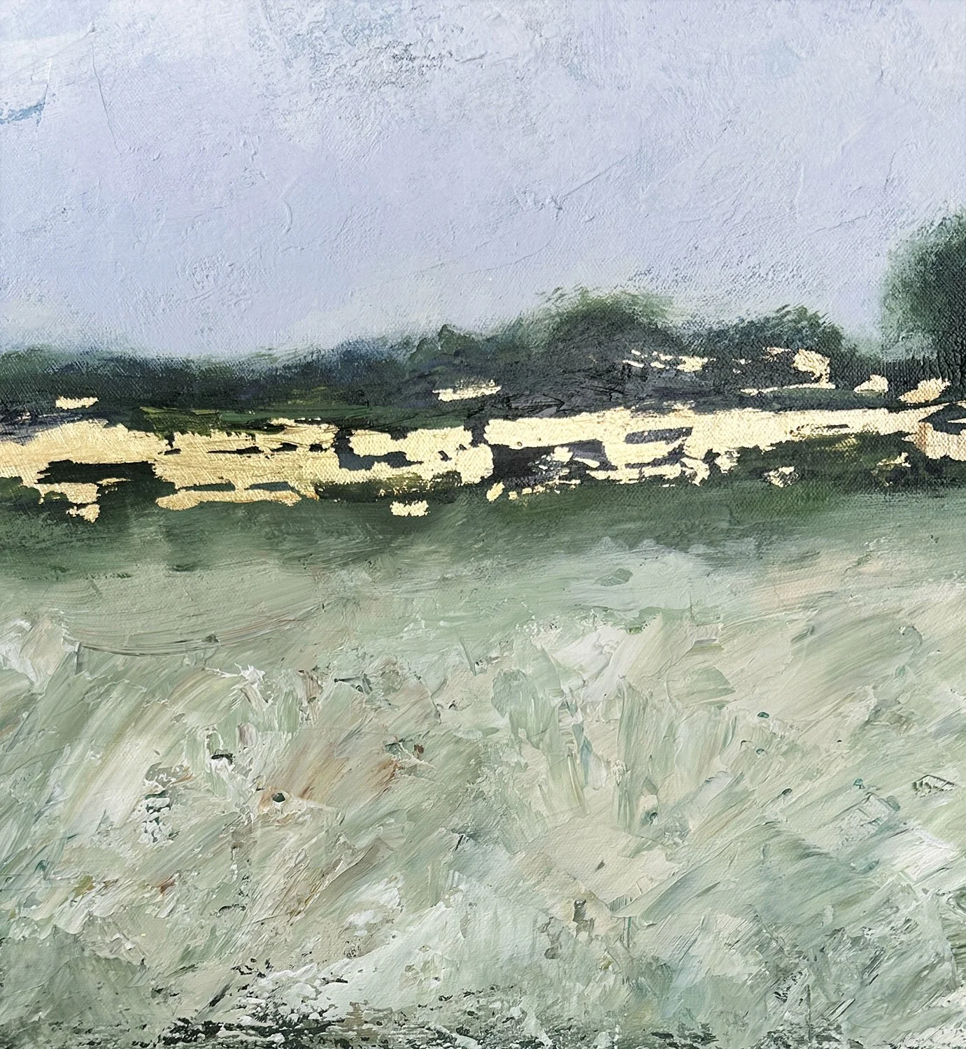 Close-up detail of textured acrylic palette knife work in a large landscape painting.