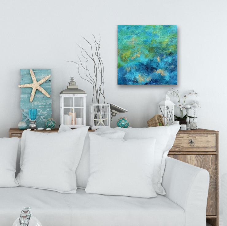 Original mixed-media waterscape painting displayed in a coastal home.