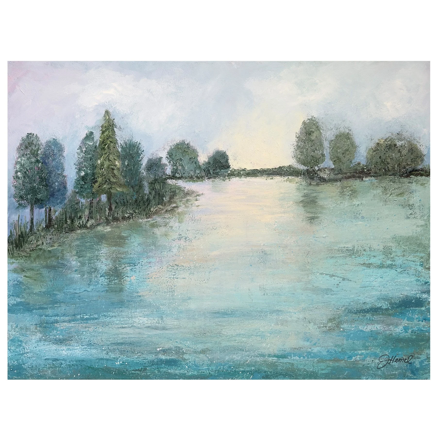 Original lake landscape painting with layers of turquoise water and a distant tree line.