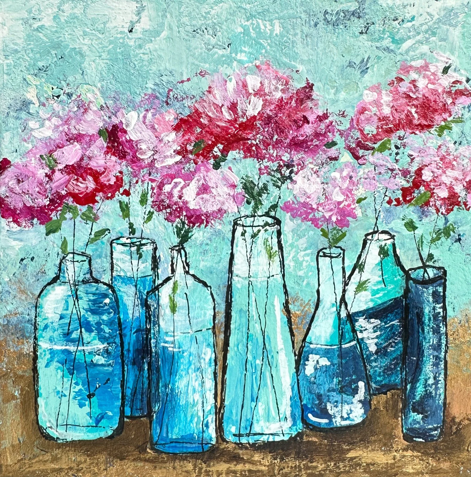 A Peony For Your Thoughts floral painting featuring freshly picked peonies displayed in an assortment of bottles.