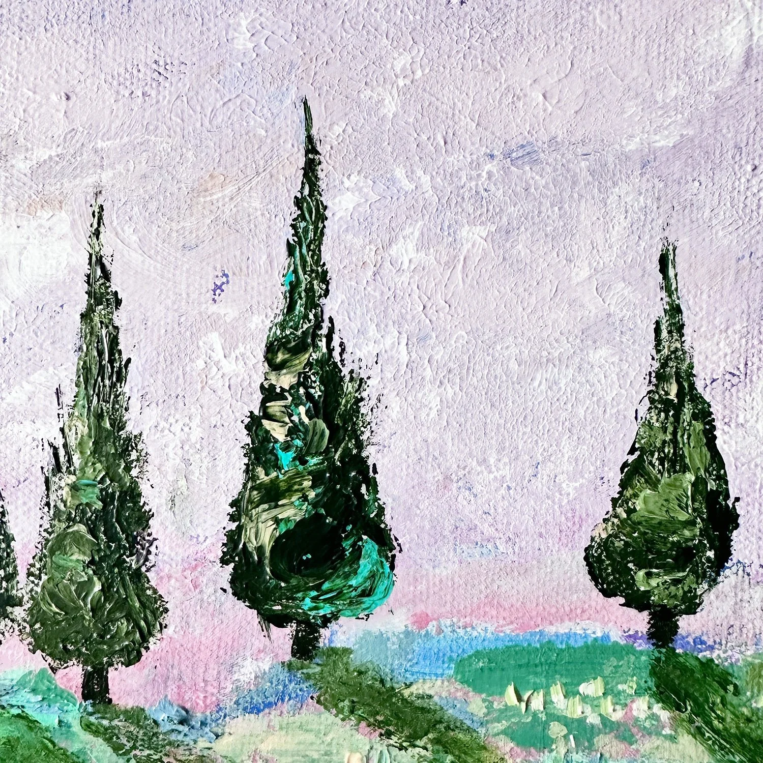 Close-up detail of acrylic brushwork in a Tuscan landscape painting.