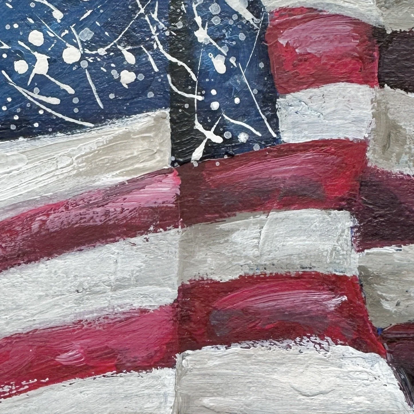 Details of 4x6 original American flag ornament with red white and blue acrylic paint