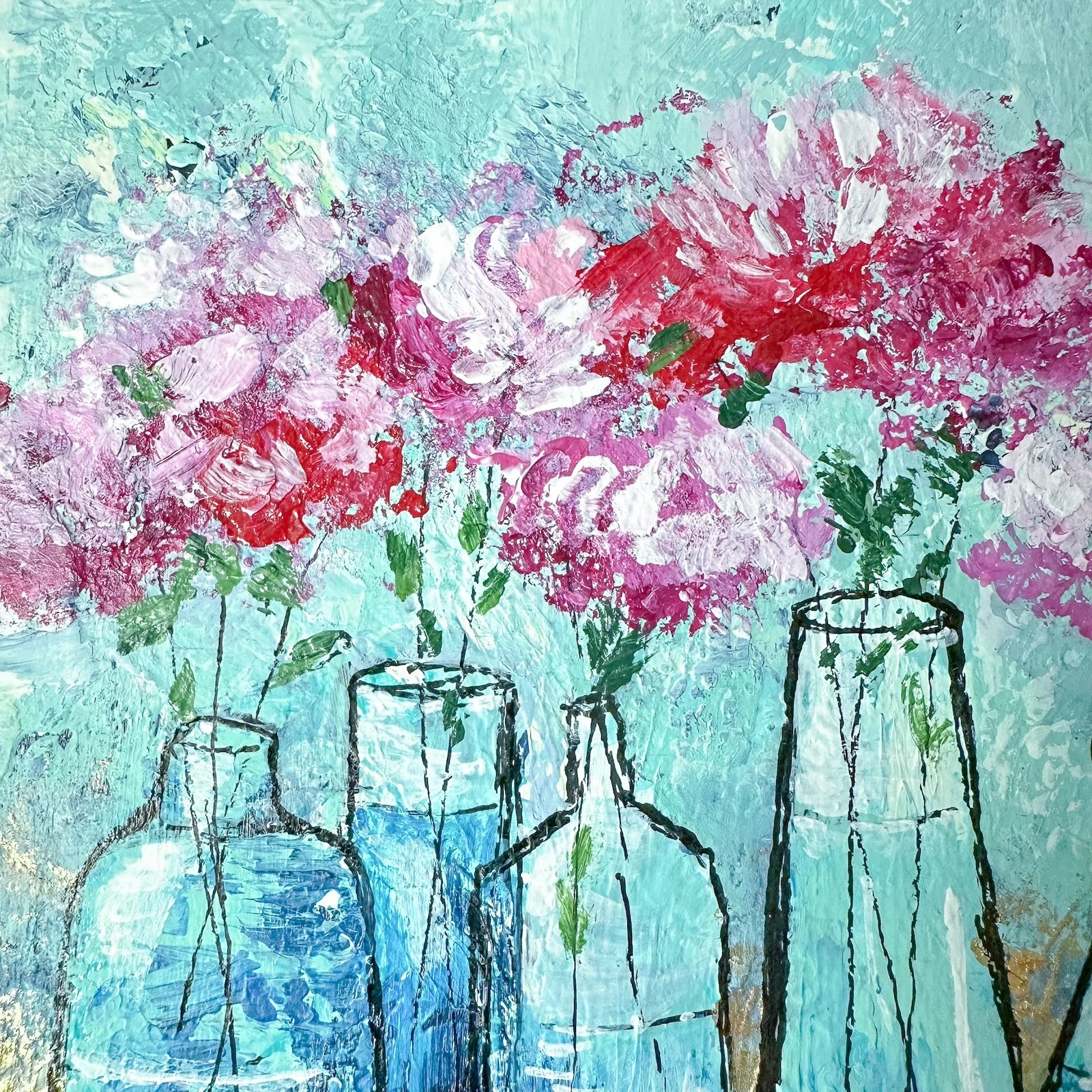 Close-up of a bottlescape floral painting.