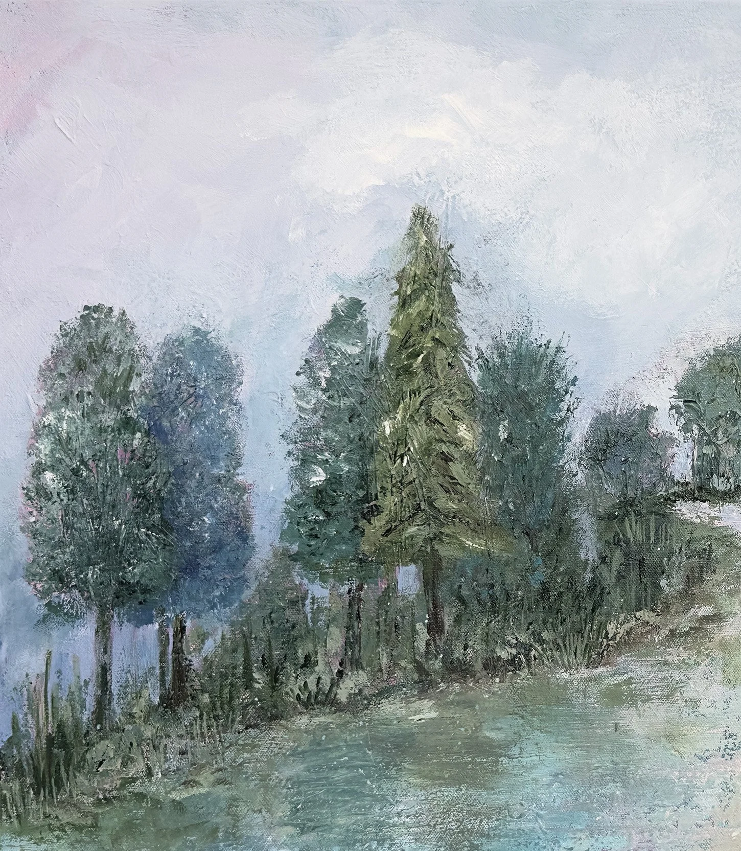 Close-up detail of textured trees in a lake landscape painting.