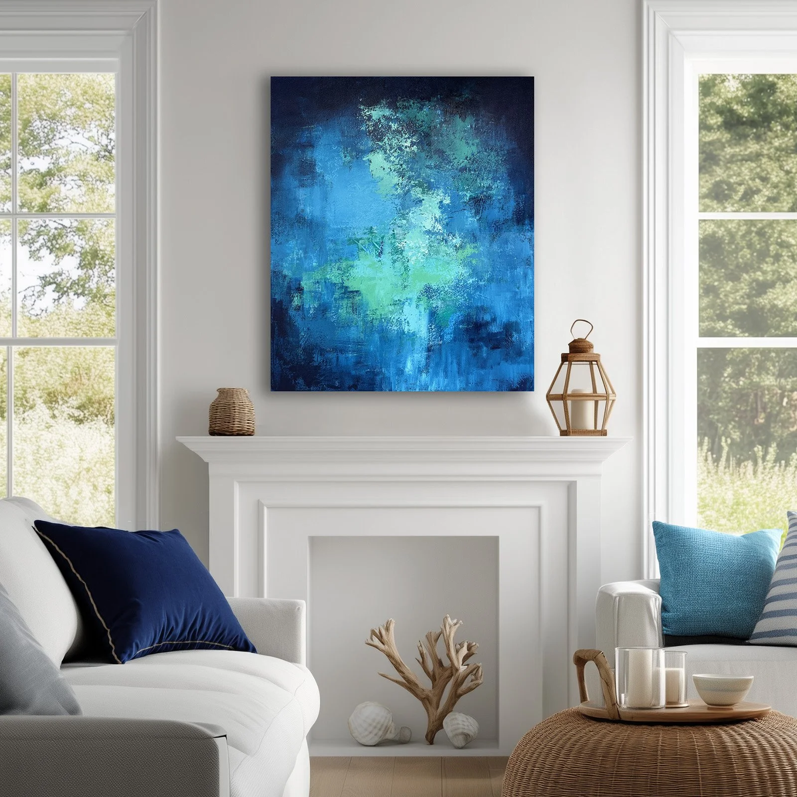 Mediterranean style abstract water painting displayed above a fireplace..