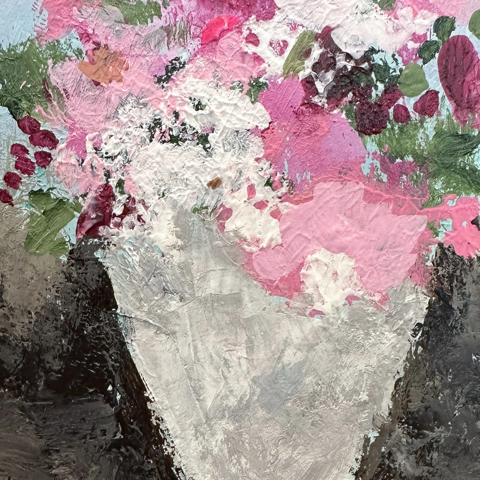 Close-up detail of the stone pots in a floral painting.