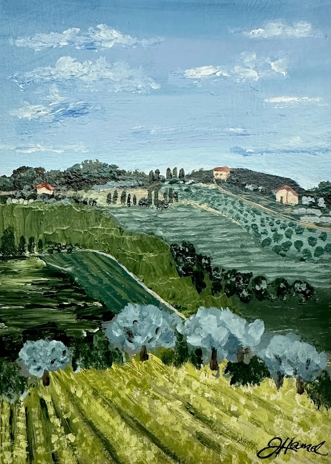 Close-up detail of layered acrylic paint in a Tuscan countryside landscape.