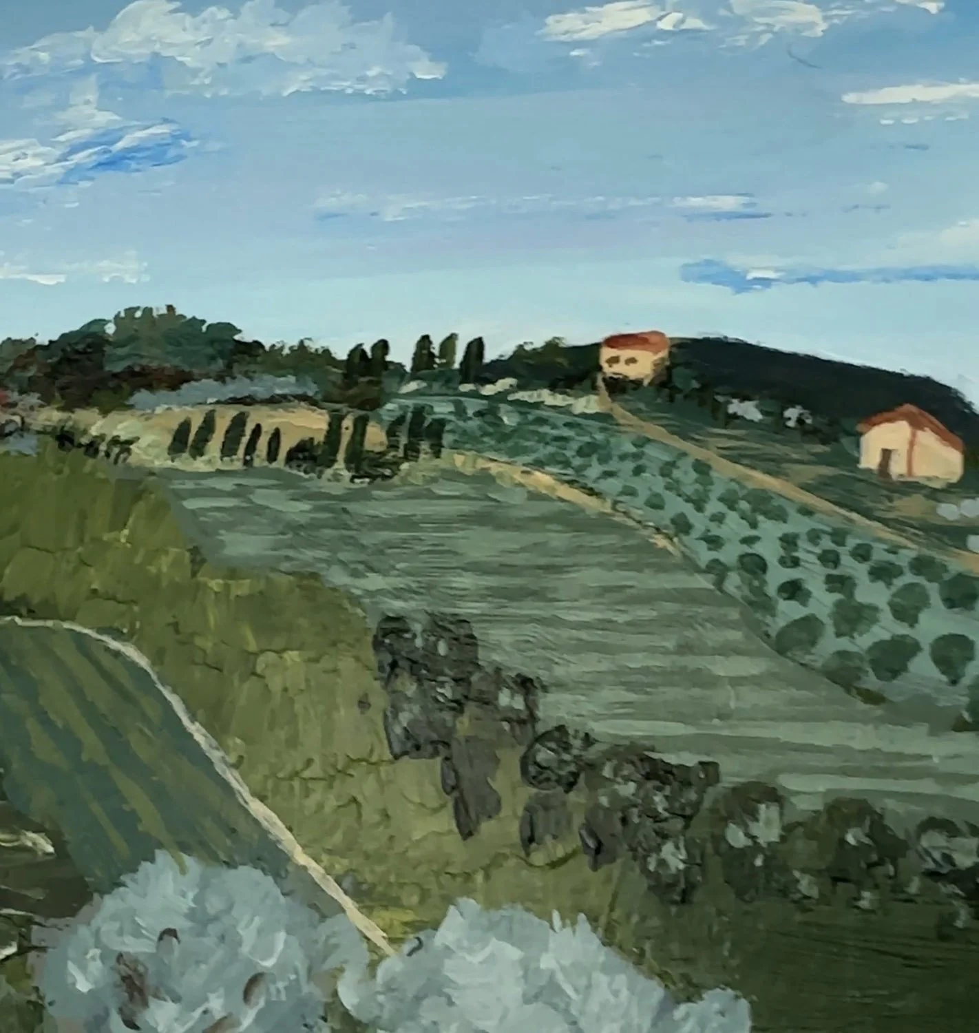Close-up detail of acrylic brushwork in a Tuscan landscape painting.