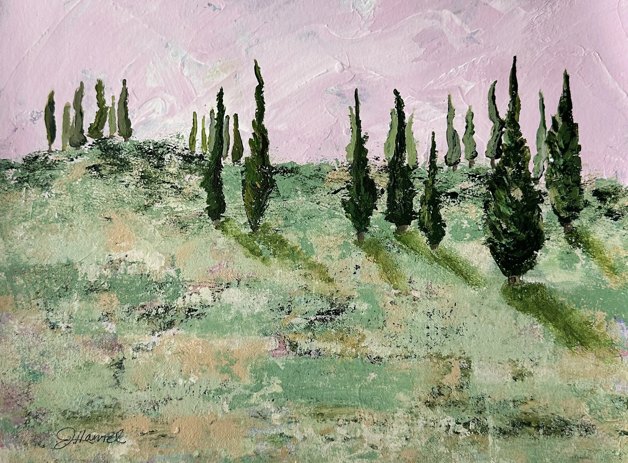 Acrylic painting on paper titled "Dolce Cypress Dreams," featuring an abstract patchwork meadow in golds and soft greens beneath a loose grouping of cypress trees against a blush pink sky.