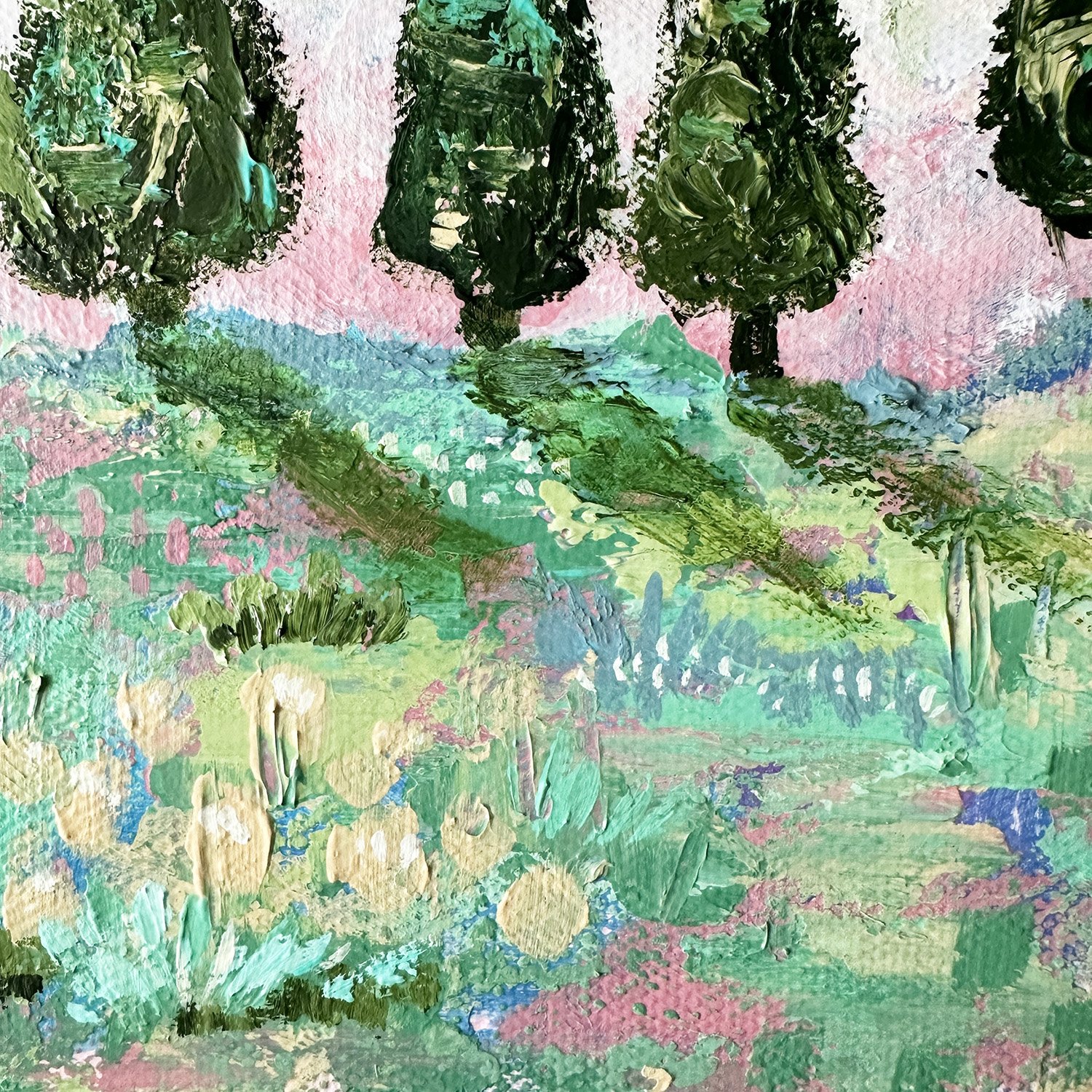 Close-up detail of playful colors in a Tuscan landscape painting.