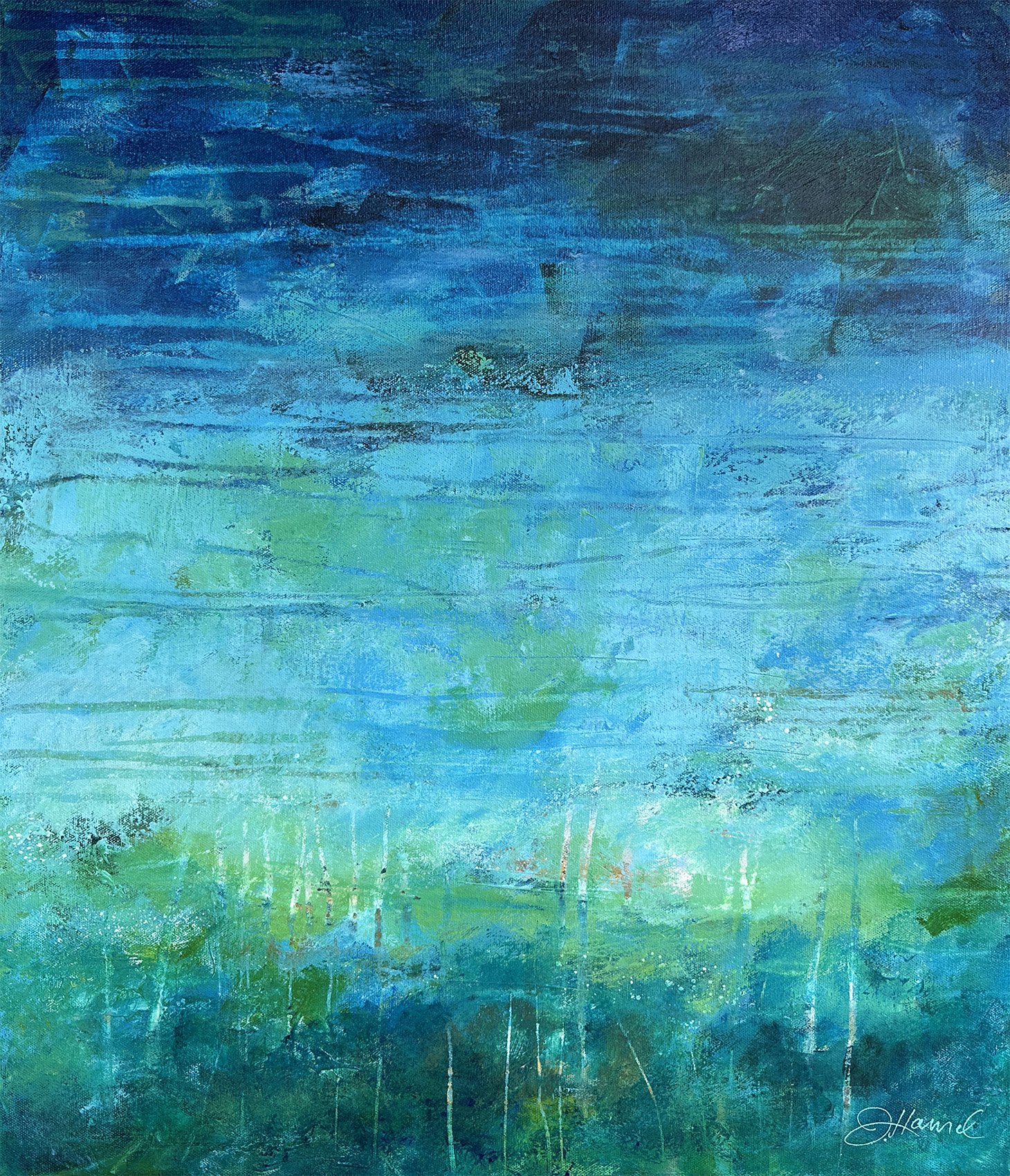Abstract ocean painting with layered deep blues showing variations of color flowing across the surface.