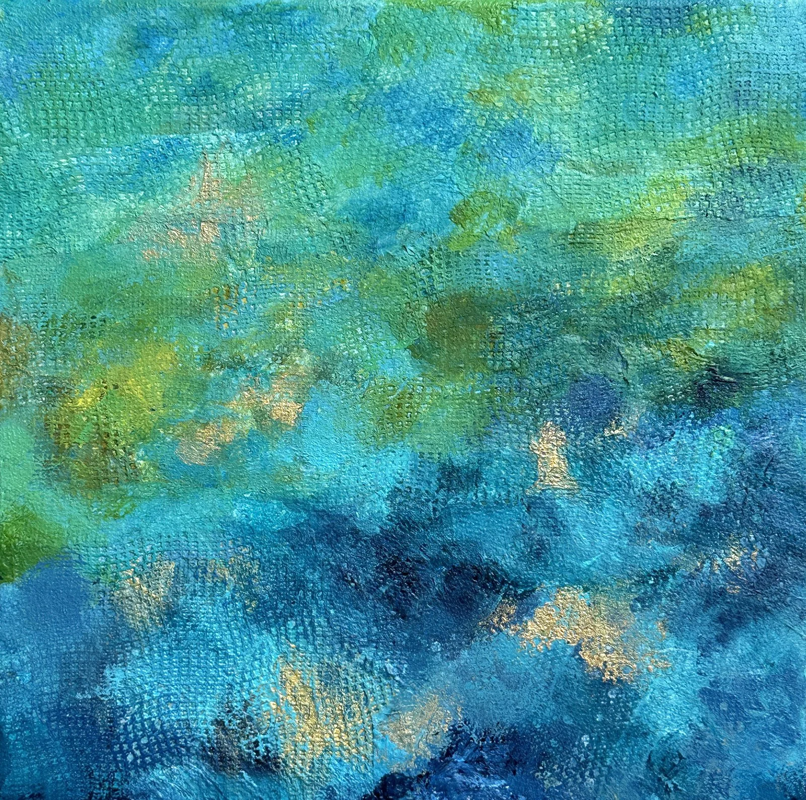 Original mixed-media waterscape painting with rich textures of blue, turquoise, green, and gold tones.