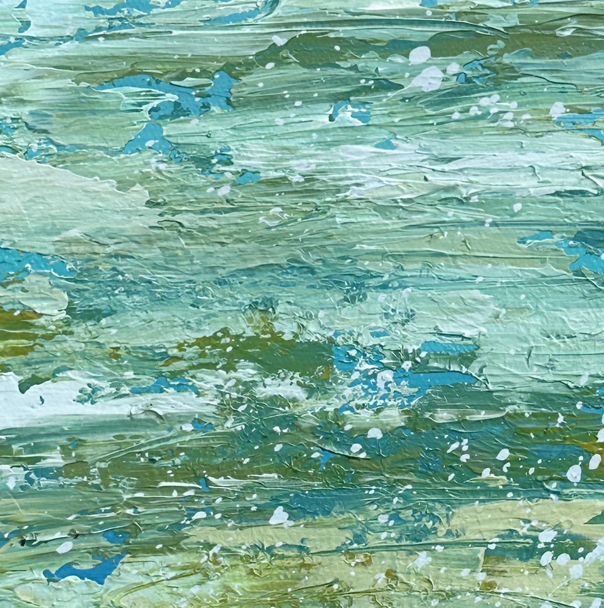 Close-up detail of the expressive palette knife texture in a lake themed abstract painting.