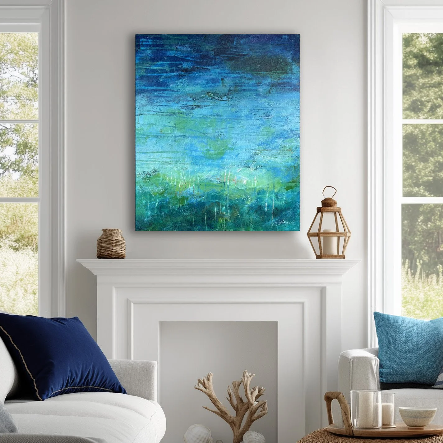 Mediterranean style abstract painting displayed above a fireplace.