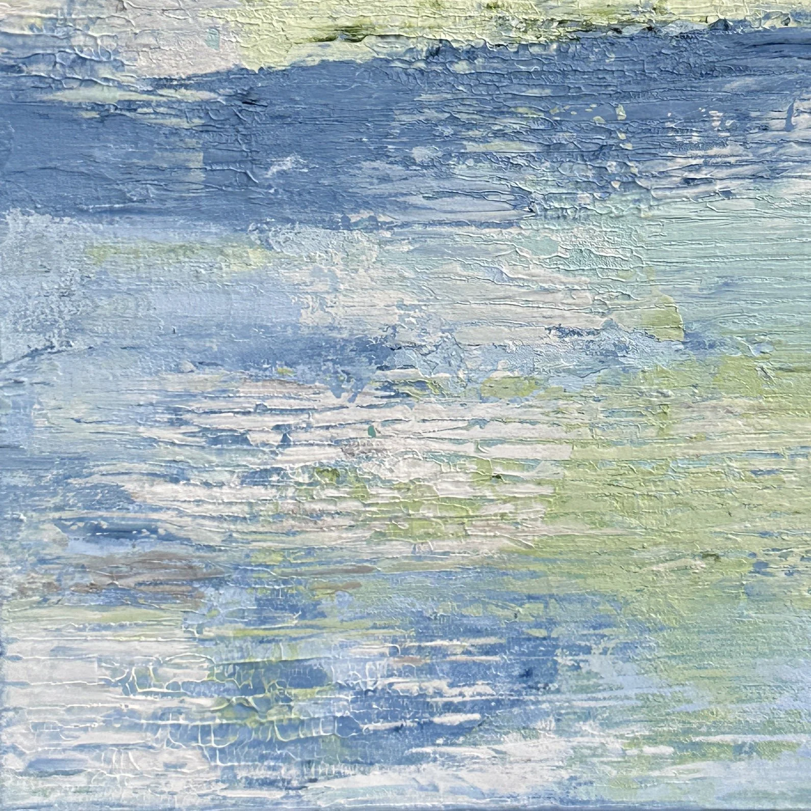 Close-up detail of the dimensional texture in a waterscape abstract painting.